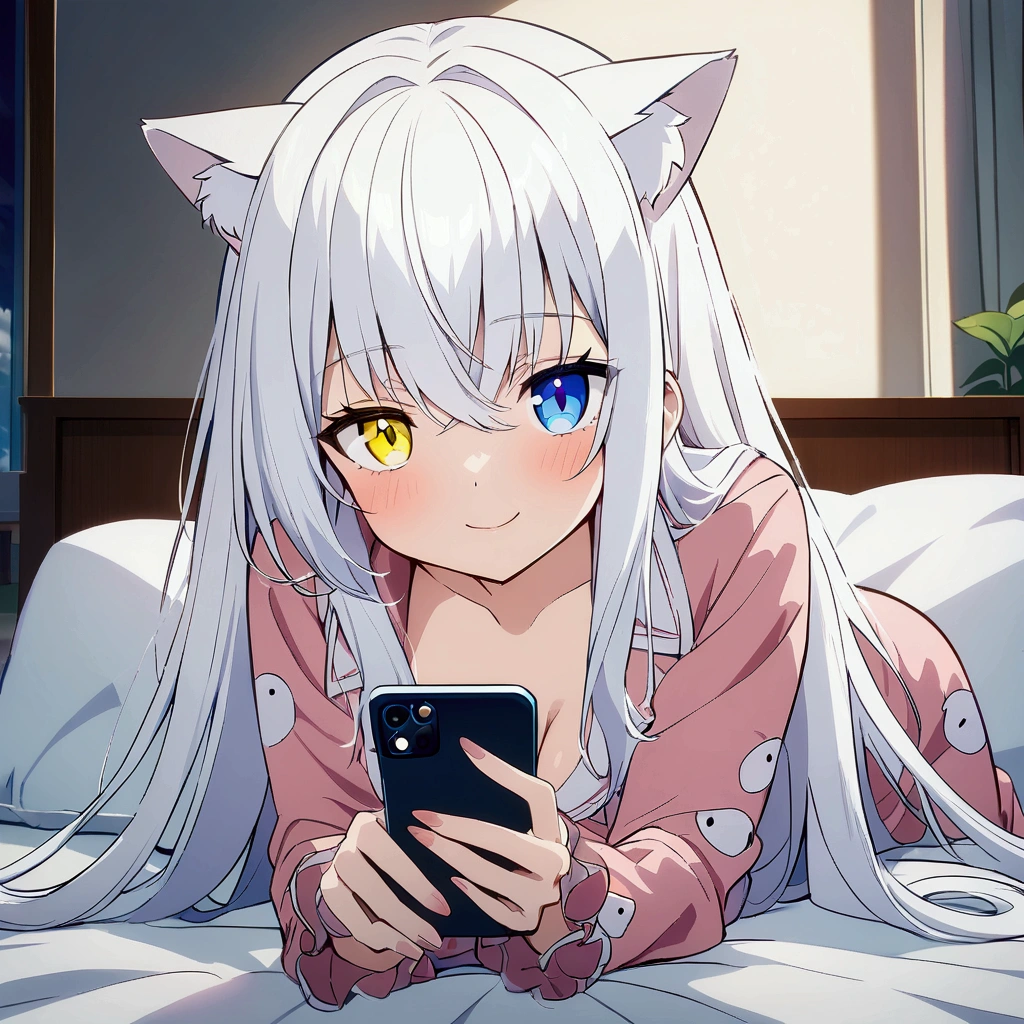 Anime girl lying on bed,Mobile phone in hand, from girls frontline, Guweiz in Pixiv ArtStation, White-haired fox, Guviz, Guweiz on ArtStation Pixiv, Guviz-style artwork, Digital art on Pixiv, white cat girl, anime girl with cat ears, white haired Cangcang, White-haired