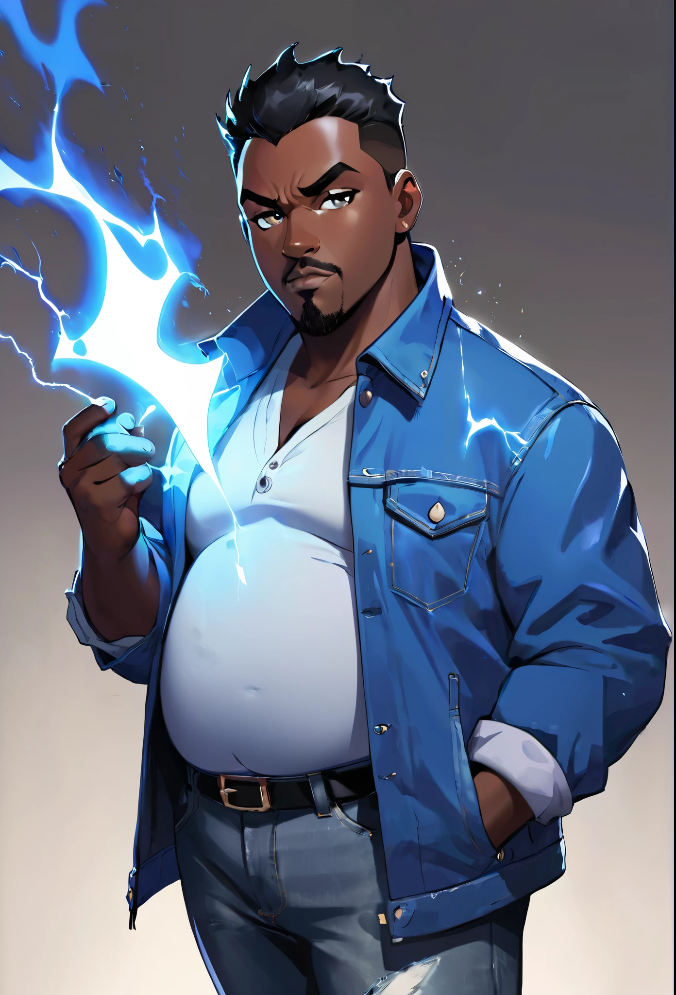 , score_9,score_8_up,score_7_up, mature men, African skin, Bright eyes, short black hair, bulk body shape,  belly chubby , wearing a blue jacket and withe shirt, jeans pants, holding a black lightning in right hand, and a blue iced mist in the left hand, character design , illustration 