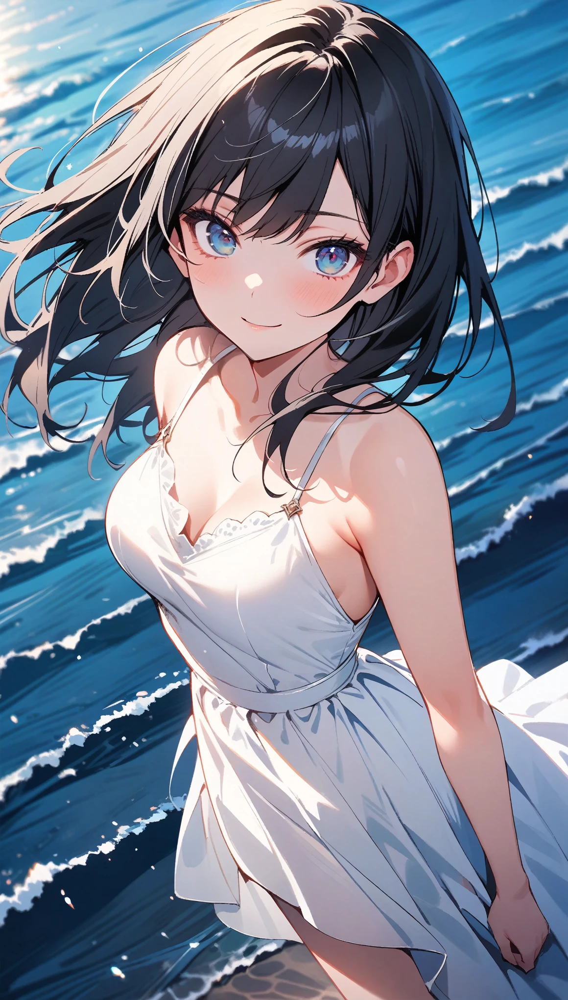 (masterpiece, best quality:1.2, dynamic angle), 1 girl, alone, solo, ((white dress)), ((tinged with the sea: 1.3)), looking at viewer, melancholic smile, expressive eyes, (black hair)