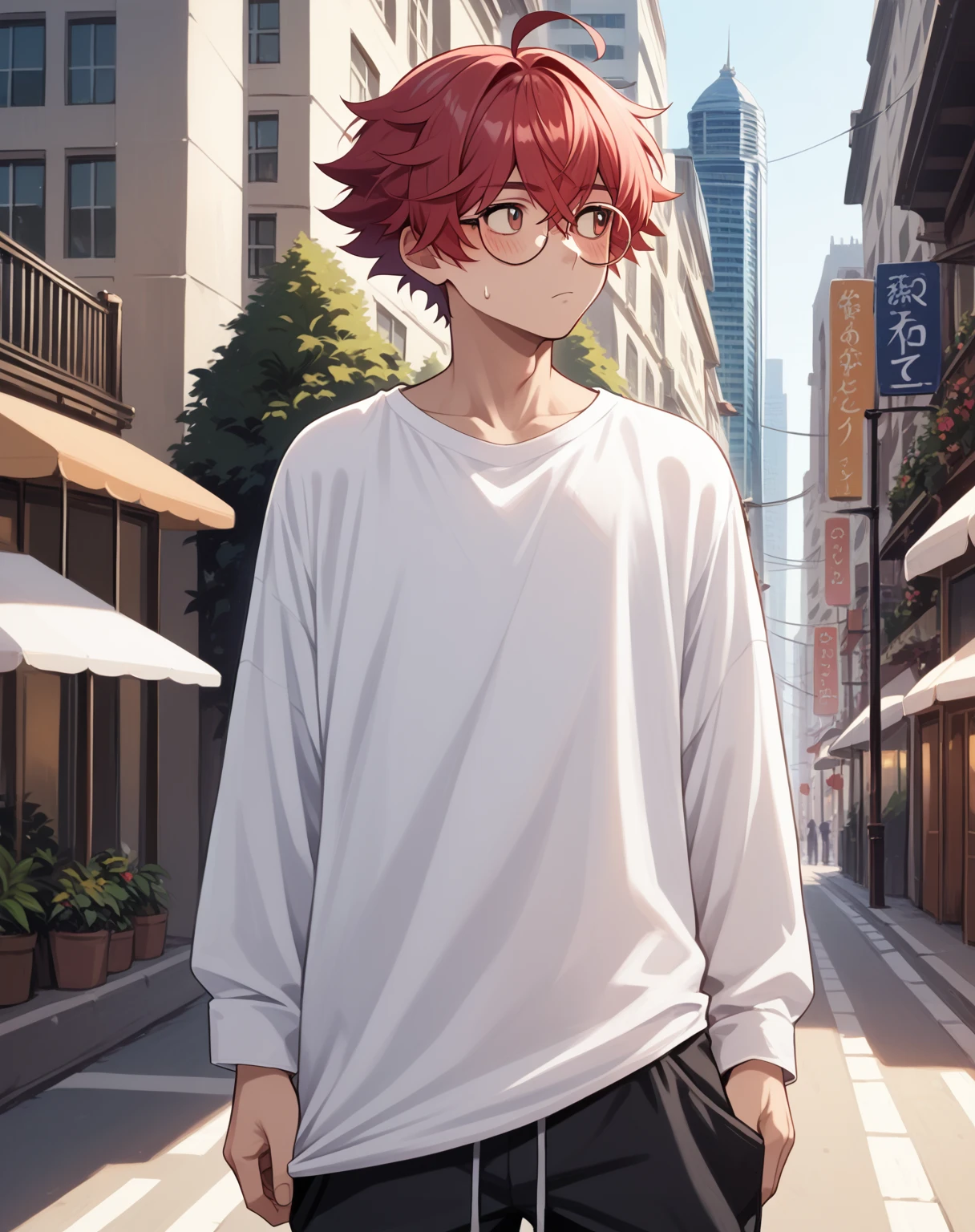 core_9,score_8_up,score_7_up,),score_9,score_8_up,score_7_up, {{artist: nyong_nyong}} {{anime, cowboy shot, source_anime, outdoors, city, colorful, vibrant, looking to side, solo, standing}} male, cute, crimson hair, short hair, fluffy hair, ahoge, crossed bangs, round eyewear, baggy pants, black pants, sweatpants, oversized shirt, white shirt, black undershirt, blush, stoic.