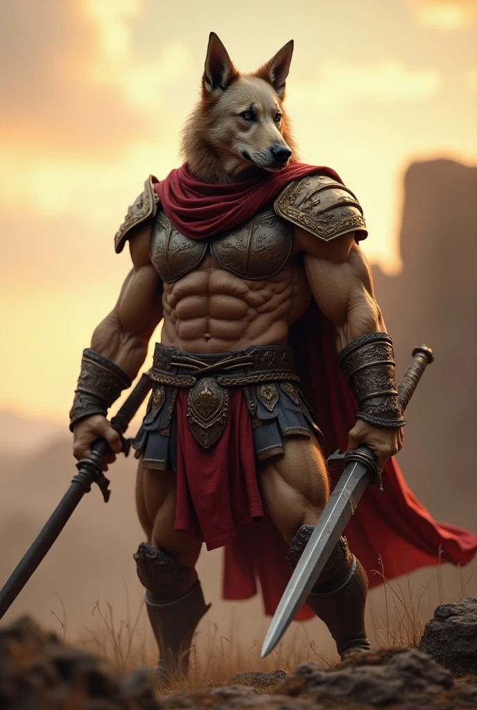 Solo Sexy anthro furry wolf male; ancient Mediterranean desert warrior; slim mesomorph handsome model apperance apperance; boy's messy short hair headband; sexy toned muscules; sword scars; worn out rusty sexy skimpy armament. He has low on hips heavy leather studded heavy belt. he has narrow in the crotch very old worn out jockstrap (smelly jockstrap fetish); His jockstrap it is made of old white linen material sewn together from a few pieces, it has never been washed, it is dirty and has stains from secretions of dried semen and sweat; His armor is old heavy brown harness with armlets studded with spikes; he has old brown leather BFR Bands on Biceps and his thighs, he has old worn out fingerless leather gloves. Even though he is a handsome and sexy man, he has a sloppy appearance, has disheveled unwashed dirty fur, dirty body look. He stands proudly bravely with one foot on a higher stone in the Mediterranean sunny pine forest; he has a proud, threatening and defiant expression on his face, with little dirty dangerous smile;