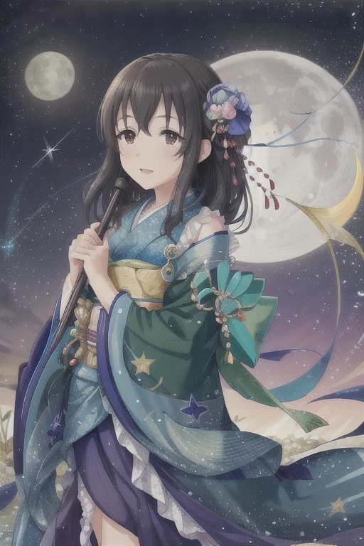 Fujiwara Hajime ,  1 girl,  aurora , brown_eye, black_hair, star座, crescent_moon, frills, galaxy, green_kimono, head_Until then, Japanese_Clothes, kimono, Light_particle, length_sleeves,  mermaid, moon,  Knight ,  Knight _null, heart, open_mouth, sash, photograph_star,  medium_hair, null, Alone, starry_null, ,  wakasagihime , wide_sleeves 