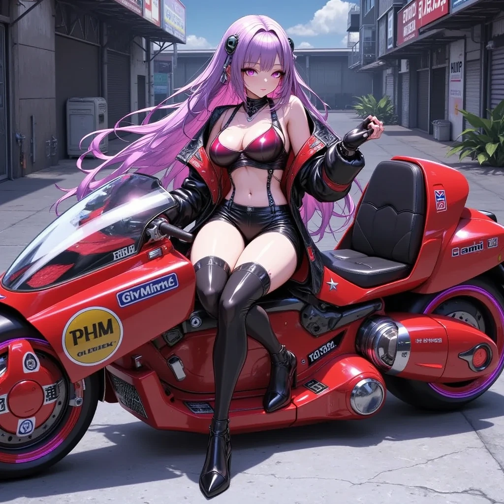 1girl,Sitting,Akira Bike,Lean back,Put your foot forward,Thick eyebrows,perfect sexy female body, (sexy and seductive pose:1.3),Black goth punk fashion,Large scooter,Very low seat,Low vehicle height,One step ahead,Akira Bike,high resolution,masterpiece,high quality, 
(Photorealsitic:1.4),Raw photo,(super realistic details),portlate,Shadow,Beautiful Skin,detailed face and eyes,Glossy lips,female curvy beauty,Striking contrast,8K,ultrasharp,Akira Bike Red,cycling,Cyberpunk City View,Spectacular screen