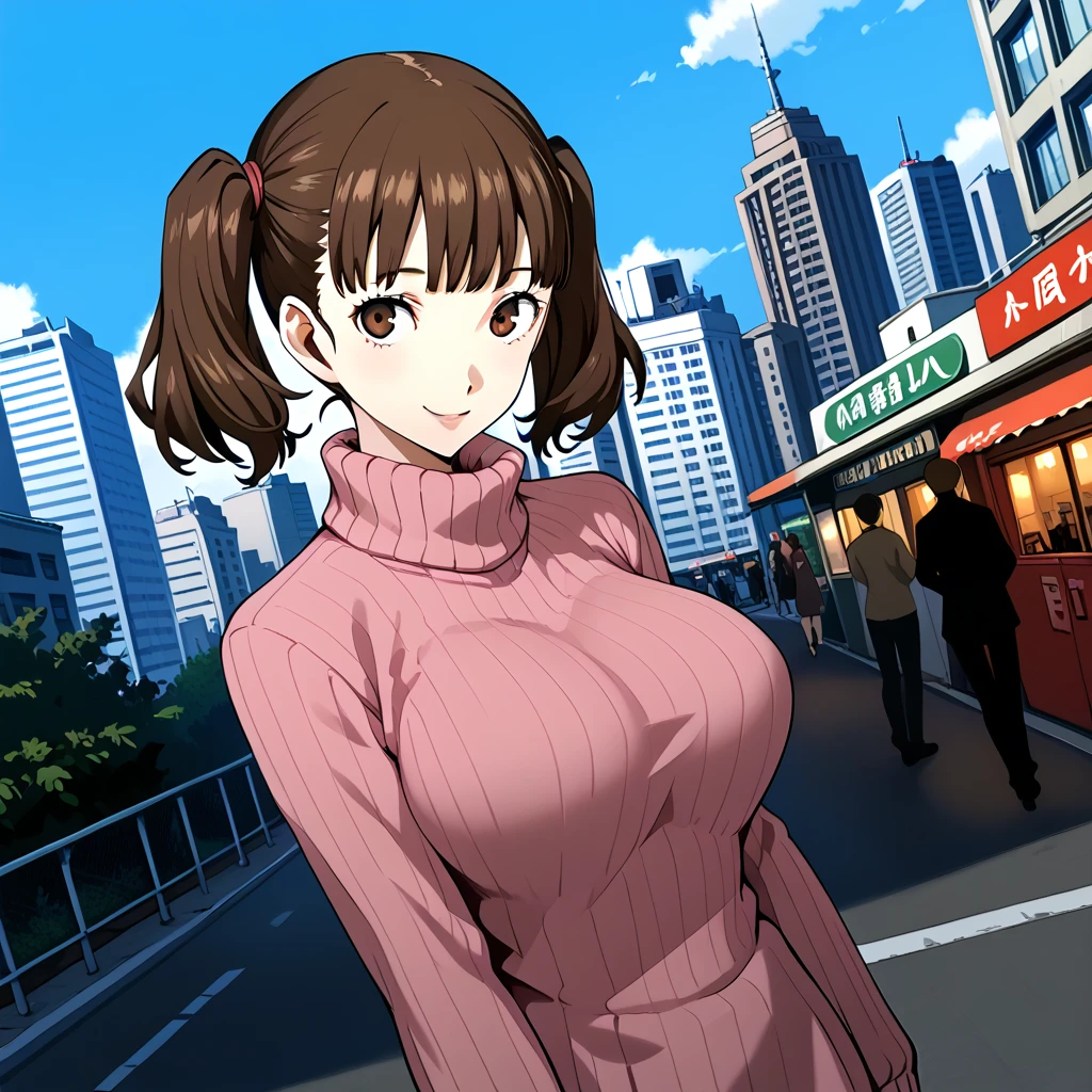 score_9, score_8_up, score_7_up, source_anime,
kodoujima, 
ko doujima, brown hair, twintails, brown eyes, short twintails, ,
dress, turtleneck, long sleeves, sweater, hyperbreasts, massively-huge breasts, oppai-****i,
outdoors, cityscape, smile,
looking at viewer, dutch angle, cowboy shot,