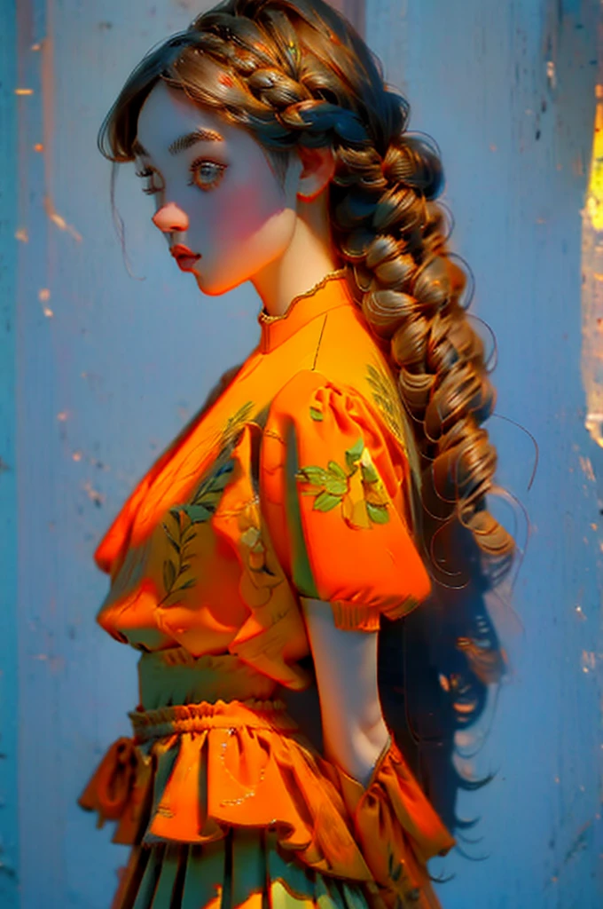 masutepiece,A beautiful and cute girl,long hair braided in apricot color,,,,Light brown glowing eyes,retro flower print dresses,(upperbody shot:1.5) Flower-shaped zentangle,Photo 8k