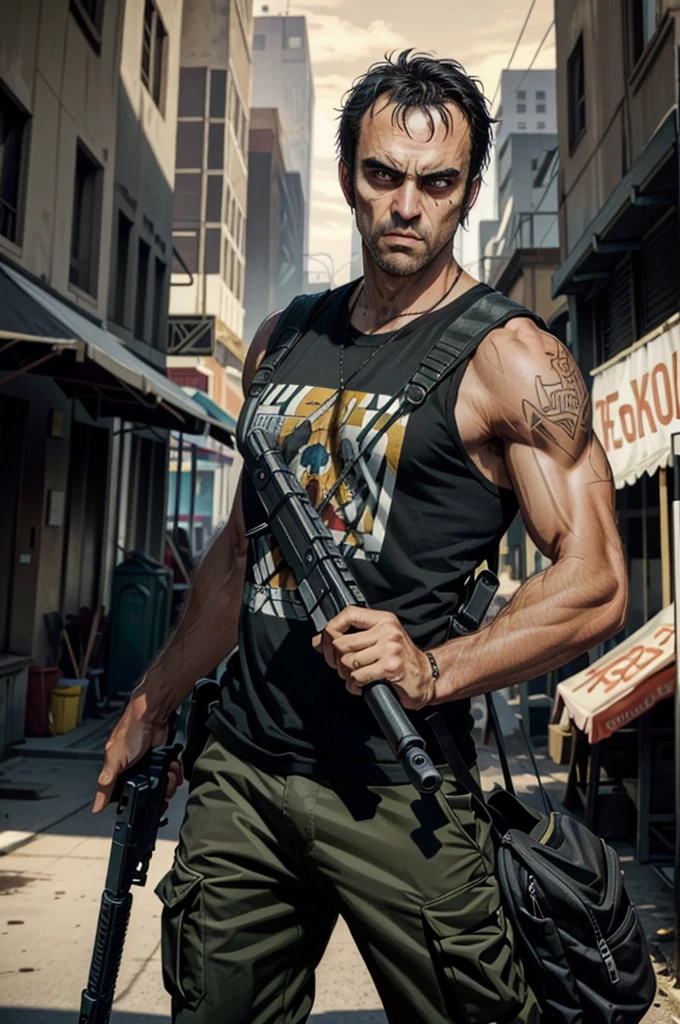 TrevorGTA, weapon, gun, 1boy, bag, male focus, shirt, holding, pants, holding gun, black hair, holding weapon, handgun, tattoo, looking at viewer, city, black shirt, sleeveless, t-shirt, facial hair, building, blood
,masterpiece, best quality, cinematic lighting, cenario do fundo um set de filmagem de um filme de hollywood
