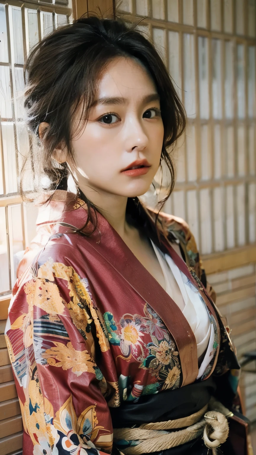 (Flower pattern kimono, Complex red, Webbing:1.4),
((highest quality, 8k, masterpiece: 1.3)), Perfect body beauty: 1.4, (Breast A cup:1.2), Small breasts, Round shaped breasts, Perfectly shaped breasts, Highly detailed face, Beautiful woman, (Dark brown shortcuts), Slim face, Highly detailed face and skin texture, Highly detailed lips, (Realistic:1.4),
((24-years-old, Sexy young wife:1.2)),
((Lay a red futon in a Japanese-style room, Sit on the futon with your legs stretched out, Start taking off clothes, No bra, Beautiful thighs:1.2)),((Sexy atmosphere, Gaze seducing a man, hold out your lips, A sigh escapes, Hold your crotch with your hands)),
((Dark room, Lantern:1.2)),
((Squint your eyes)),
((purse your lips:1.2)),
((Blushing:1.2)),
((Open your mouth a little to show your white teeth)),
((Breast enlargement,Flat Chest:1.2)),
Narrow shoulders, Long, slender legs, Thin waist,
Ultra-detailed skin, Glossy Skin, Ultra detailed face, Ultra detailed breasts,
Ultra-detailed eyes, Slit eyes, Brown eyes, double eyelid, Beautiful thin eyebrows, Thin, long eyelashes,
Ultra-detailed lips, Fuller lips, Glossy pink lips, Flushed Cheeks, White teeth,
Beautiful actress's languid make-up, Pink lipstick, Smoky eyeshadow, Eye foundation,
Dark brown hair, Delicate and soft hair, Hair blowing in the wind,
(Elegantly putting your hair up, short hair, ponytail:1.5), Layered Cut, (Blunt bangs:1.2),
