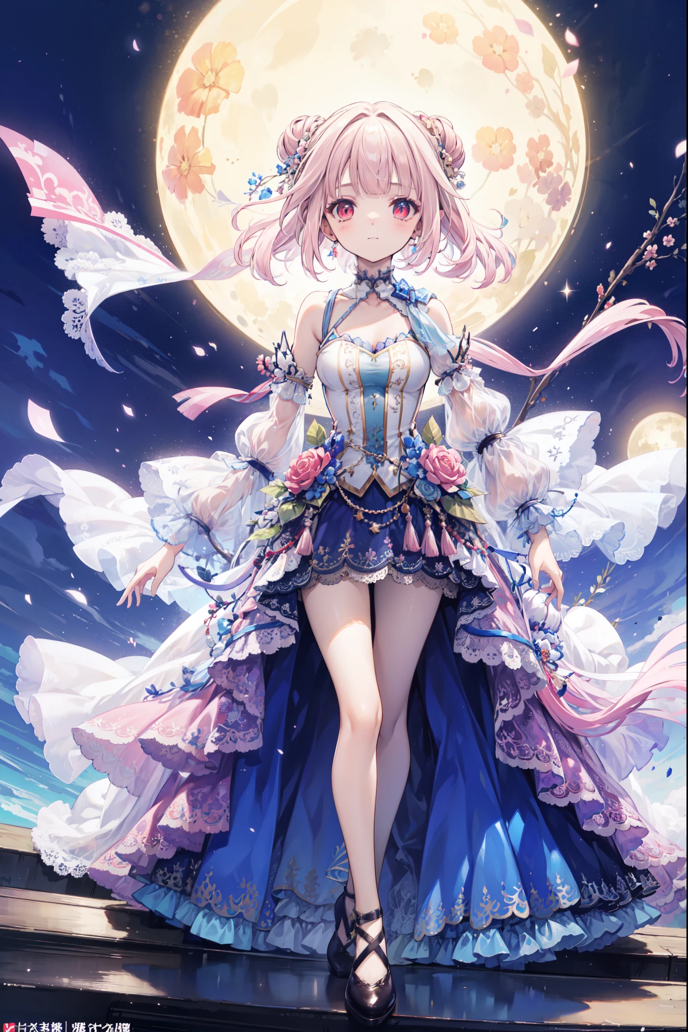 (((Best quality, High Res, masterpiece , masterpiece , Best, High Res))). a girl , solitary. (((My child is beautiful, Lovely girl with fine pink hair , Short, slim figure, and anime faces))). She is a young girl, About ten years old, has gorgeous white skin and long hair ,The princess of the Moon , tied it into a small bun. She has depth, Shining red eyes,tilt. There was no expression on her face.. She has medically correct body and adolescent breasts. Her limbs are slender, has medically correct limbs and fingers . Her skirt is white,Very short ((Long gown)), Translucent and transparent, With blue ivy pattern. When she is in a pose , Her clothes fluttered in the wind when she posed . Her background is a simple starry sky.