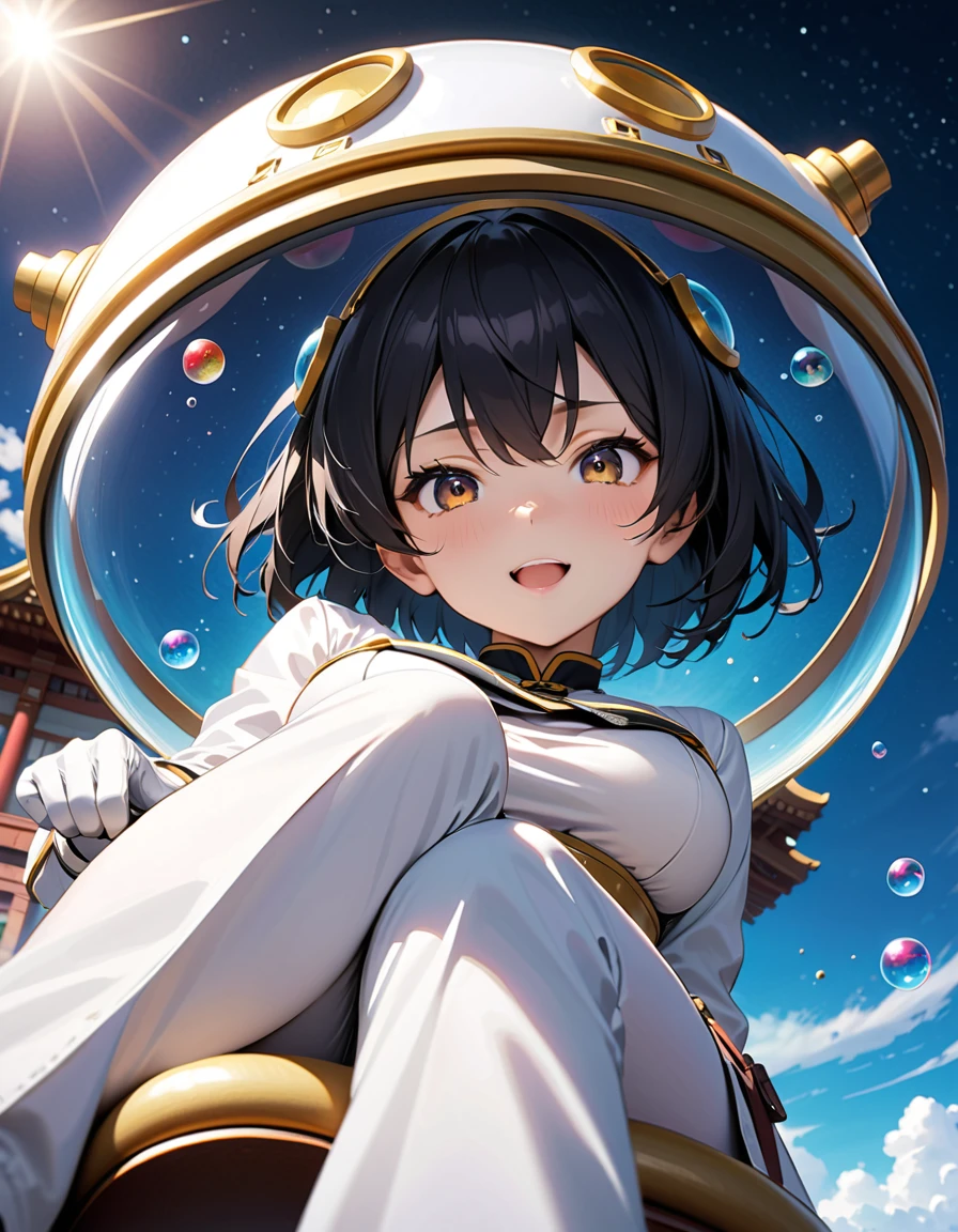 (universe服:1.15), White Cargo Pants, universe飛行士) Bubble Helmets , universeヘルメット,  white gloves , , I'm watching you closely, universe, floating, masterpiece, Best Quality,  1 girl, beautiful,  Image from below, Alone, , Shirase Sakuya,  big breasts at the temple,  Black Hair ,  happy , Wink, Wavy,  full body, Bow-legged, Masturbation