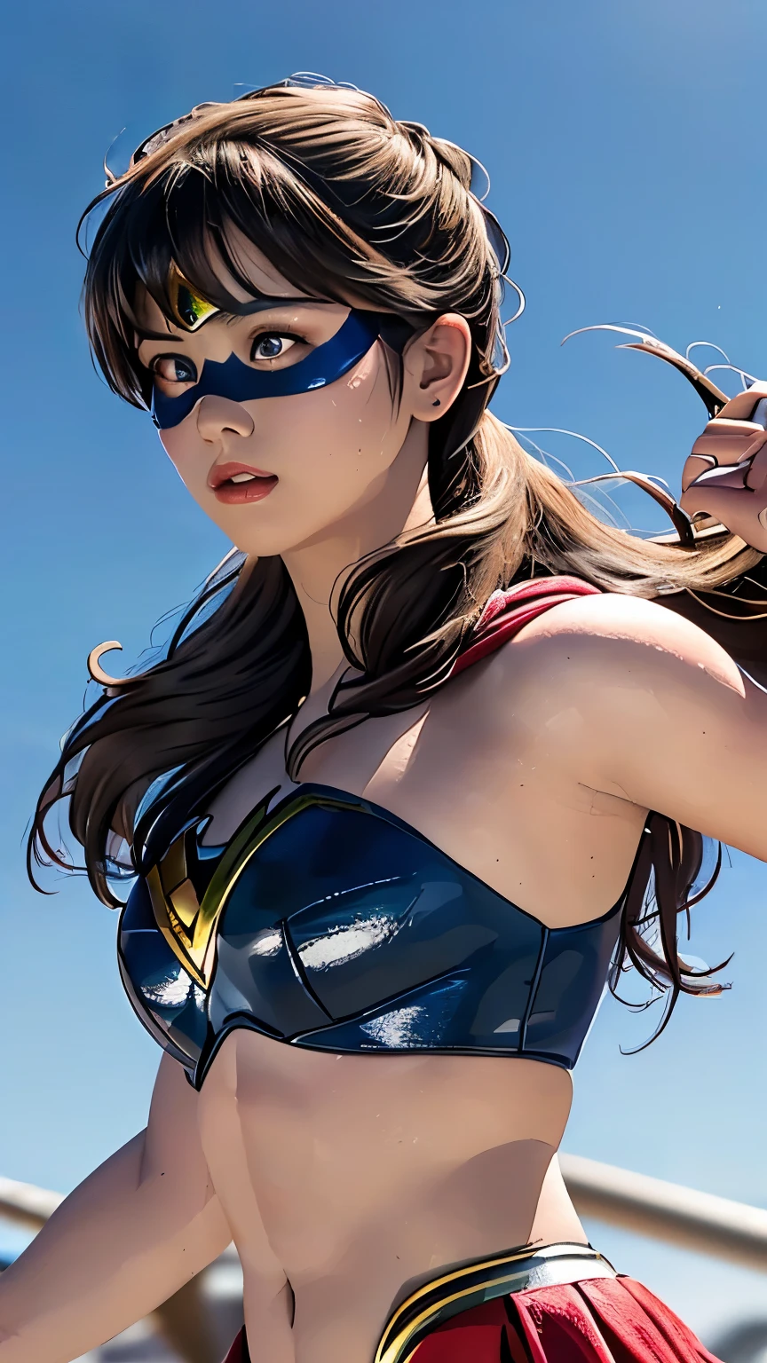 (8k, RAW photos from the last century, Best Quality, masterpiece: 1.2), (Realistic, Realistic: 1.37), Best Quality, Ultra High Definition , Light Leak , dynamic lighting from multiple angles, slim and smooth skin from multiple angles, (whole body:1.3), ( soft saturation: 1.6), ( white skin: 1.2), (shiny skin: 1.1), oily skin , 22 years old, Knight , Shining white blonde hair, Full form, Hair blowing in the wind, from the front : 1.2, supergirl、Miniature, Red eye mask,Airi Suzumura