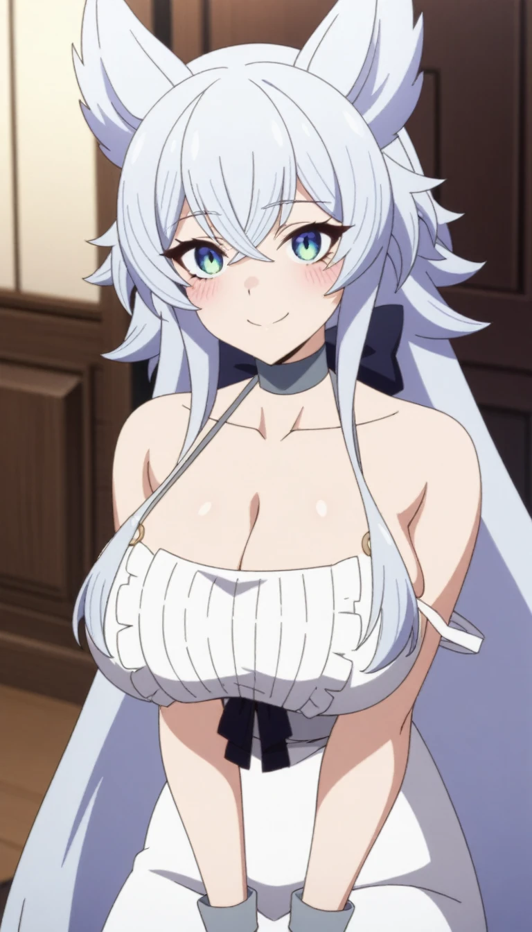 (masterpiece, best quality, very aesthetic, ultra detailed), intricate details, 1girl, fenrys, wolf girl, longhair, large breasts, choker, collarbone, white dress, cleavage, bare shoulders, indoors, smile, looking at viewer, huge tits, hot 