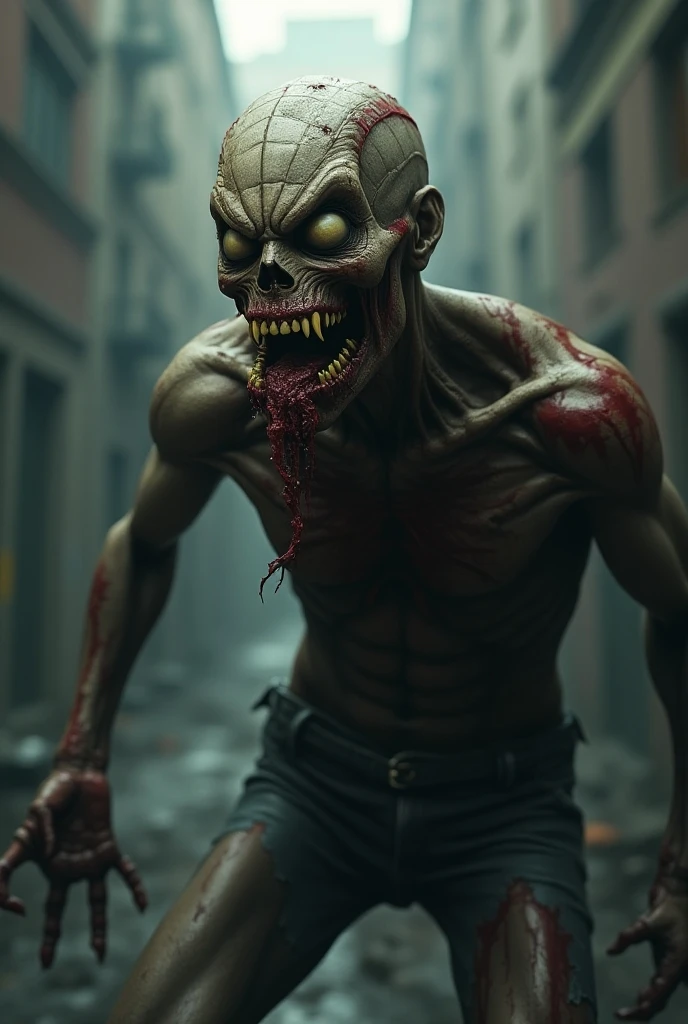 The abominable creature known as the "Flayed Horror" appears as a macabre and horrifying parody of itself. Its once smooth skin has been torn away in long, jagged strips, luxuriating in exposed muscle like ragged, bloodied streamers in a twisting wind. In places, the flayed flesh covers the bone like a ghastly, flesh-colored veil, obscuring portions of its skeletal base. Where the strips of skin are absent, the creature's mottled gray flesh is visible, matted with dried blood, dirt, and whatever else it came into contact with during its agonizing death. Its eyes, now empty orbs of dull, lifeless white, once burned with savage intelligence before the agony of being flayed alive extinguished any spark of consciousness they harbored. The Flayed Horror's limbs, though withered from their prolonged suffering, are surprisingly resilient considering the horrific mutilation it has undergone. His joints cracked and popped as he moved with an unnerving, jerky fluidity, as if driven by a macabre, instinctive urge to writhe and contort in his own disfigured flesh. Make it anime style