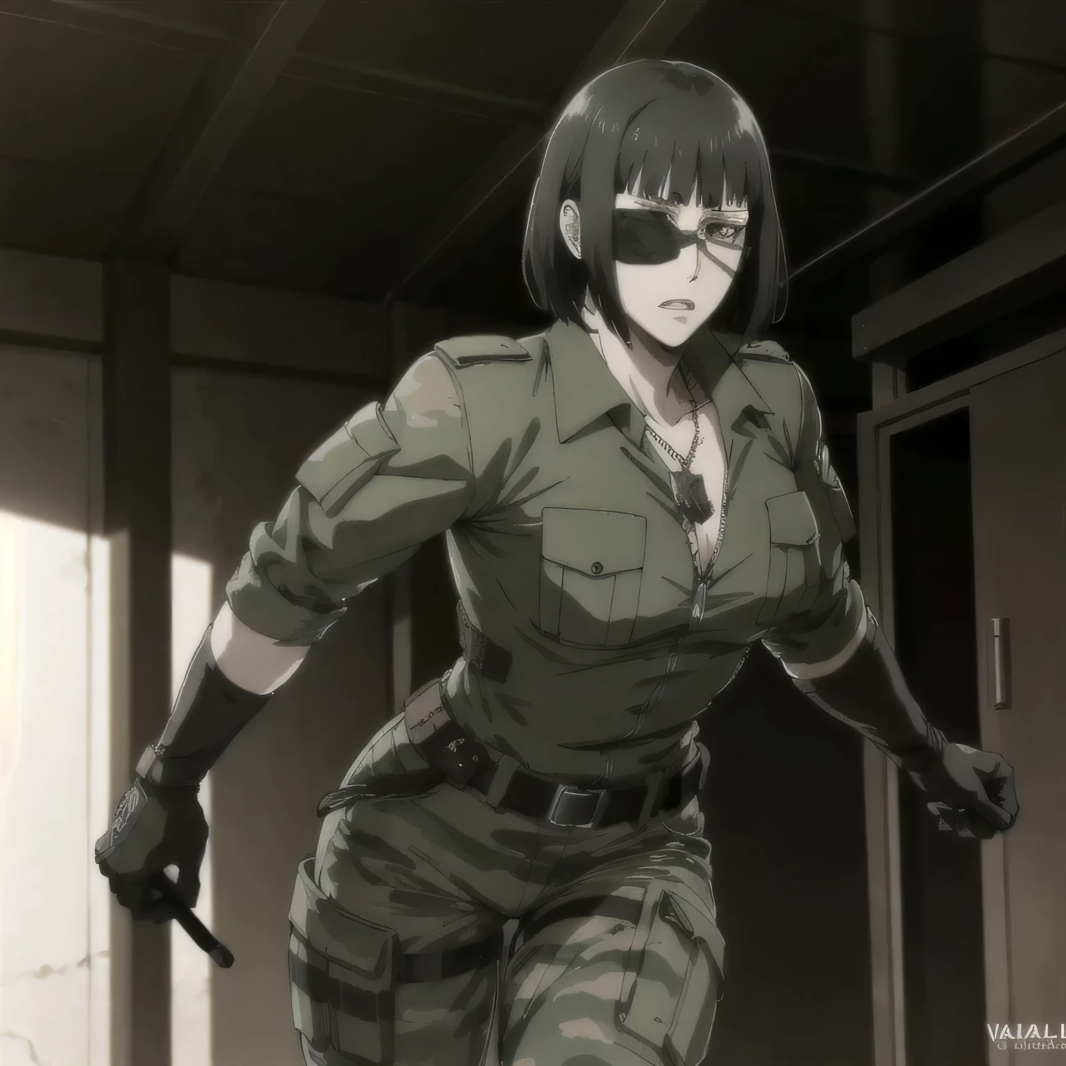best quality,ultra-detailed,realistic:1.37),musclaur badass girl with sculpted body with preview her musclaur body and six-pack, full review of the female character's face and body, intense expression, strong and confident posture, studio lighting, vivid colors, physiologically-based rendering, grungy texture, rugged background, dust particles in the air, commanding presence, professional, powerful, gritty aesthetics,,Valmet،short hair, military necklace,Light reflection on shoulders,clean muscles،wearing black camo Camouflage trousers and tall green jacket fully opened zipper with black sport bra inside jacket،muscles review( girl solo),eyepatch,Shining muscles,eyes detailing,fat free body,veins in muscles,penis growth inside camo trousers with belt,Photo session,Matching remix,tall jacket,gloves