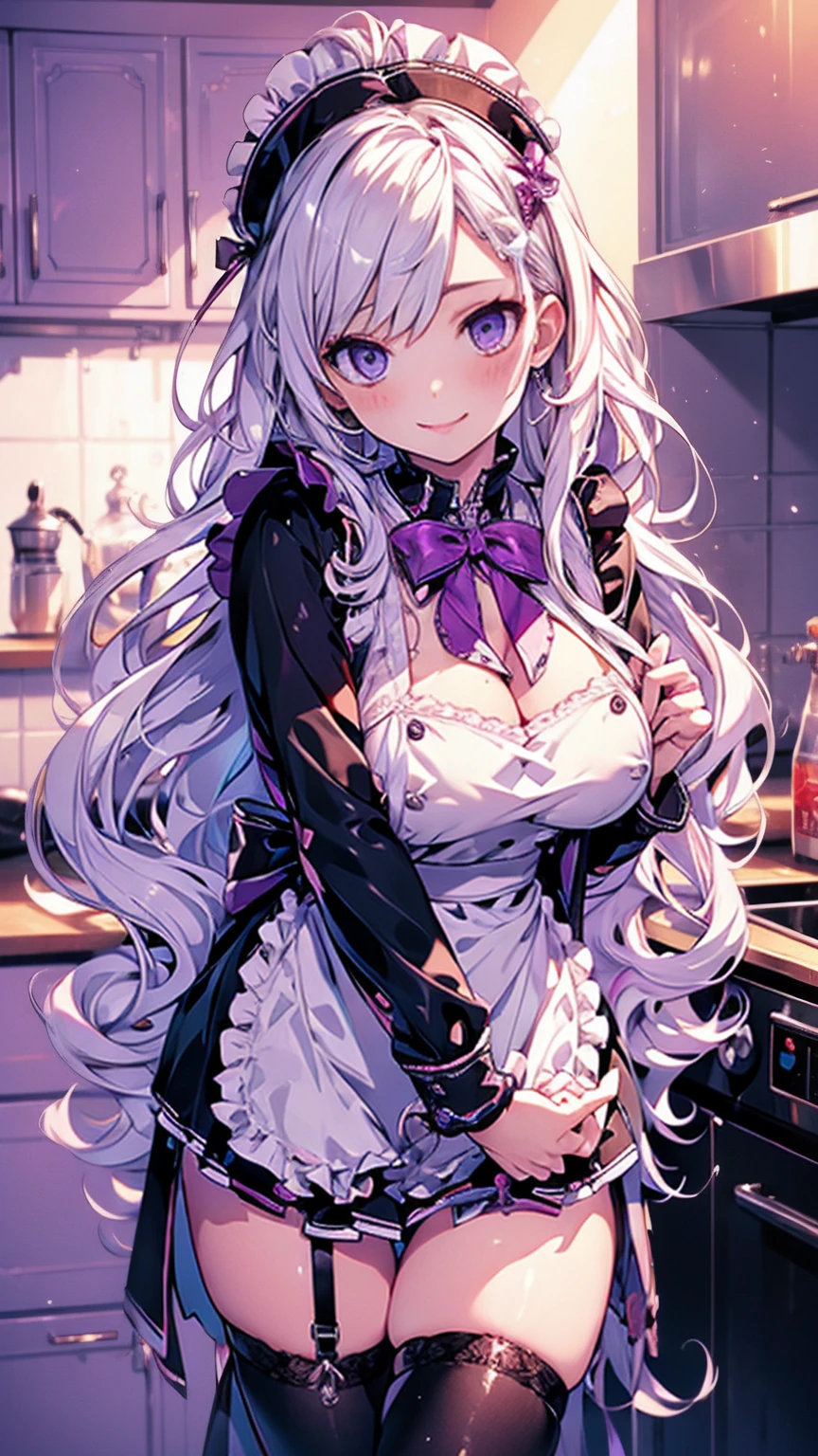 (masterpiece)、(Best Quality)、 highly detailed face,Long Hair, silver hair, purple  ,Big Breasts,nsfw, kitchen background,first round,8k,Immorality,Young Girl,Student Uniform,apron