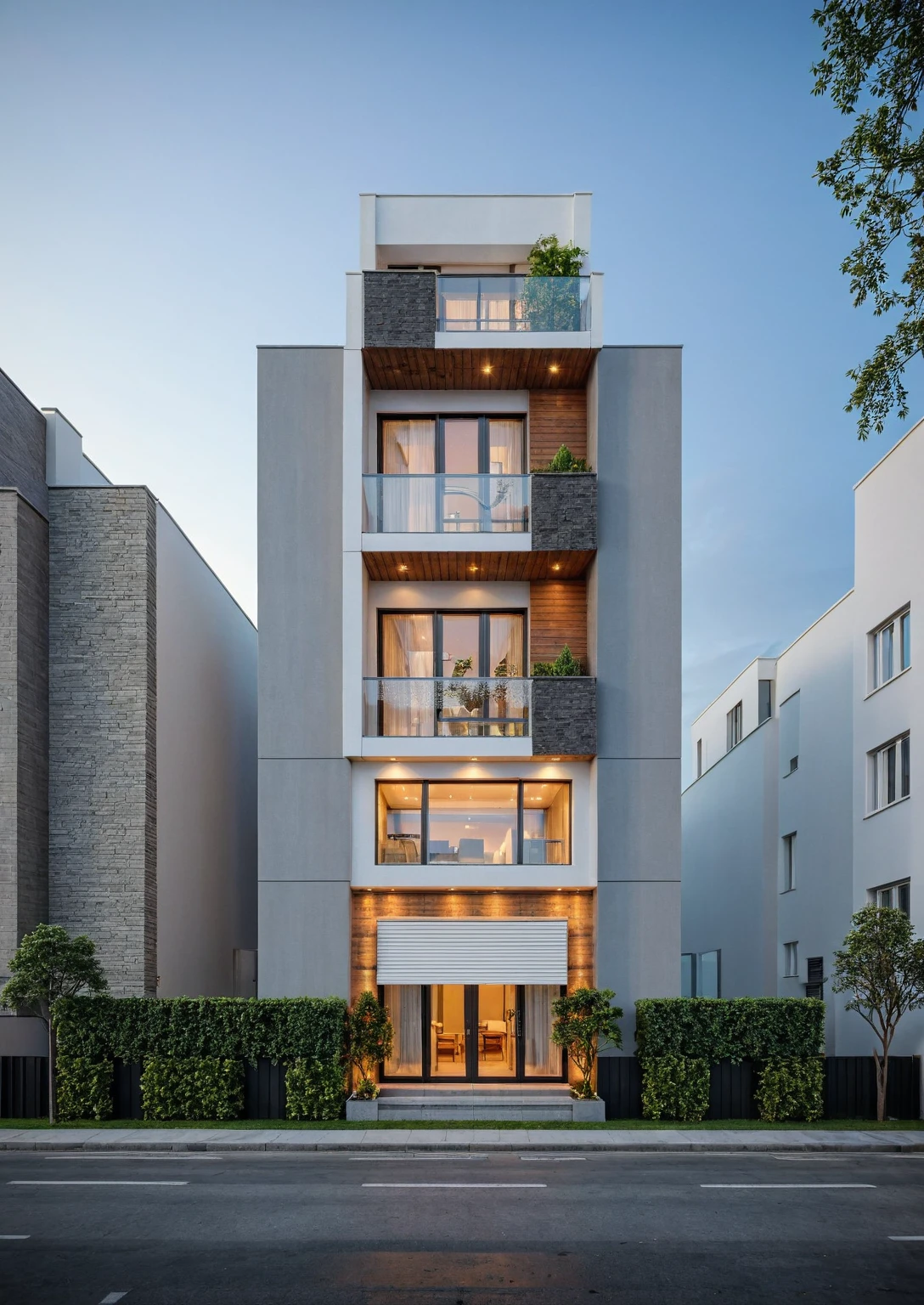 Grey mable in facade 1st floor, no roof, This image showcases a modern, narrow townhouse featuring a contemporary and minimalist design. Key aspects include:
- **Structure and Design:** 
  - Tall and slender to maximize space on a small plot.
  - Primarily white facade with gray or textured materials for a clean look.
  - Recessed balconies and strategic lighting add visual interest.

- **Greenery:** 
  - Each level includes planters and small balconies for plants, creating a vertical garden.
  - The rooftop features additional greenery and a wooden pergola for shade.

- **Entrance:** 
  - Simple ground floor entrance with dark-framed glass doors and textured gray material.

- **Windows and Balconies:** 
  - Windows with dark frames and privacy curtains; small balconies for plant display.

- **Surroundings:** 
  - Located in an urban setting with walls and other buildings visible, suggesting evening lighting.
Overall, the building embodies modern, environmentally conscious design with biophilic elements, well-suited for urban living while enhancing the living experience. The evening lighting accentuates its architectural features., Best Quality,Masterpiece, UHD, 4k, Stunning,Eye-catching,Sharp edge render, Award winner design in 2024, Photorealistic, High-Resolution, Detailed, Accurate, Vibrant, Dynamic Lighting, Textured, Perspective, Atmospheric, Contextual, Balanced Composition, Material Realism, Interactive, Immersive, Narrative, Minimalist