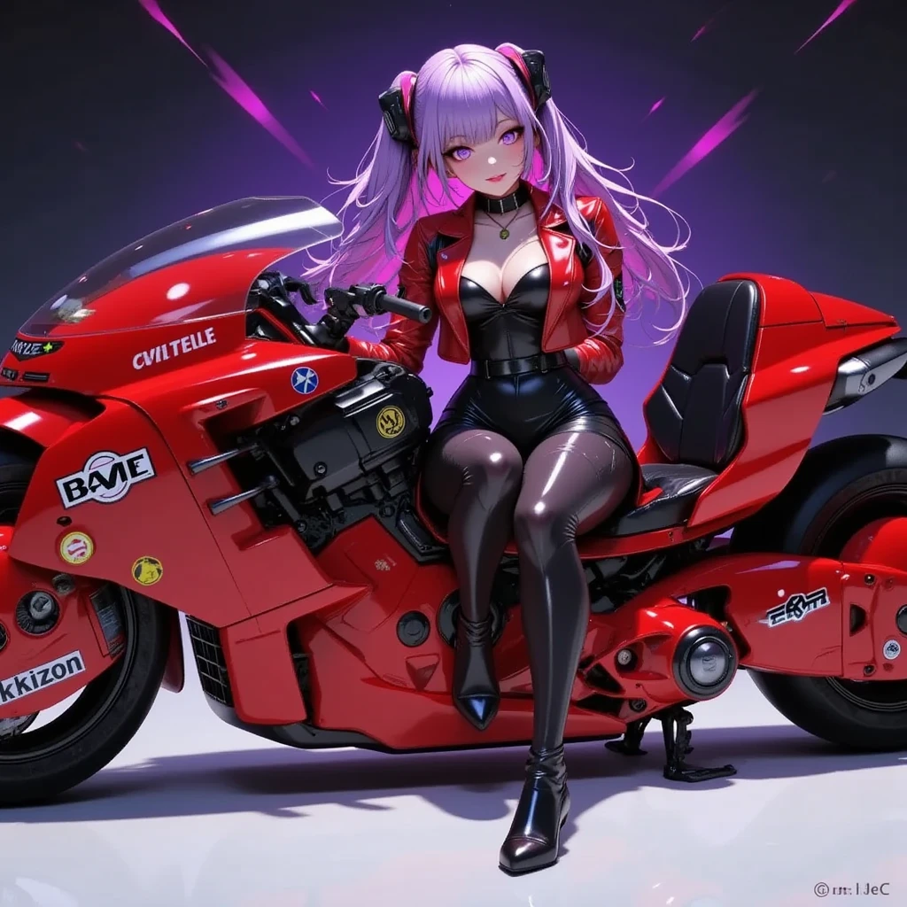 1girl,Sitting,Akira Bike,Lean back,Put your foot forward,Thick eyebrows,perfect sexy female body,(sexy and seductive pose:1.3),Black goth punk fashion,Large scooter,Very low seat,Low vehicle height,One step ahead,Akira Bike,high resolution,masterpiece,high quality, 
(Photorealsitic:1.4),Raw photo,(super realistic details),portlate,Shadow,Beautiful Skin,detailed face and eyes,Glossy lips,female curvy beauty,Striking contrast,8K,ultrasharp,Akira Bike Red,cycling,purple aura background