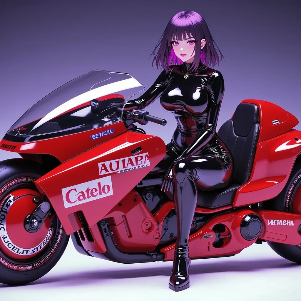 1girl,Sitting,Akira Bike,Lean back,Put your foot forward,Thick eyebrows,perfect sexy female body,(sexy and seductive pose:1.3),Black goth punk fashion,Large scooter,Very low seat,Low vehicle height,One step ahead,Akira Bike,high resolution,masterpiece,high quality, 
(Photorealsitic:1.4),Raw photo,(super realistic details),portlate,Shadow,Beautiful Skin,detailed face and eyes,Glossy lips,female curvy beauty,Striking contrast,8K,ultrasharp,Akira Bike Red,cycling,purple aura background