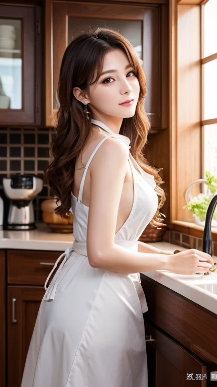 Reality, high resolution, Soft Light,1 Woman, Upper body photo , In the kitchen, looking into camera, Turn around, Wearing only a kitchen apron, Only the apron may cover the body , The sides of the apron are uncovered , Nude apron , open back