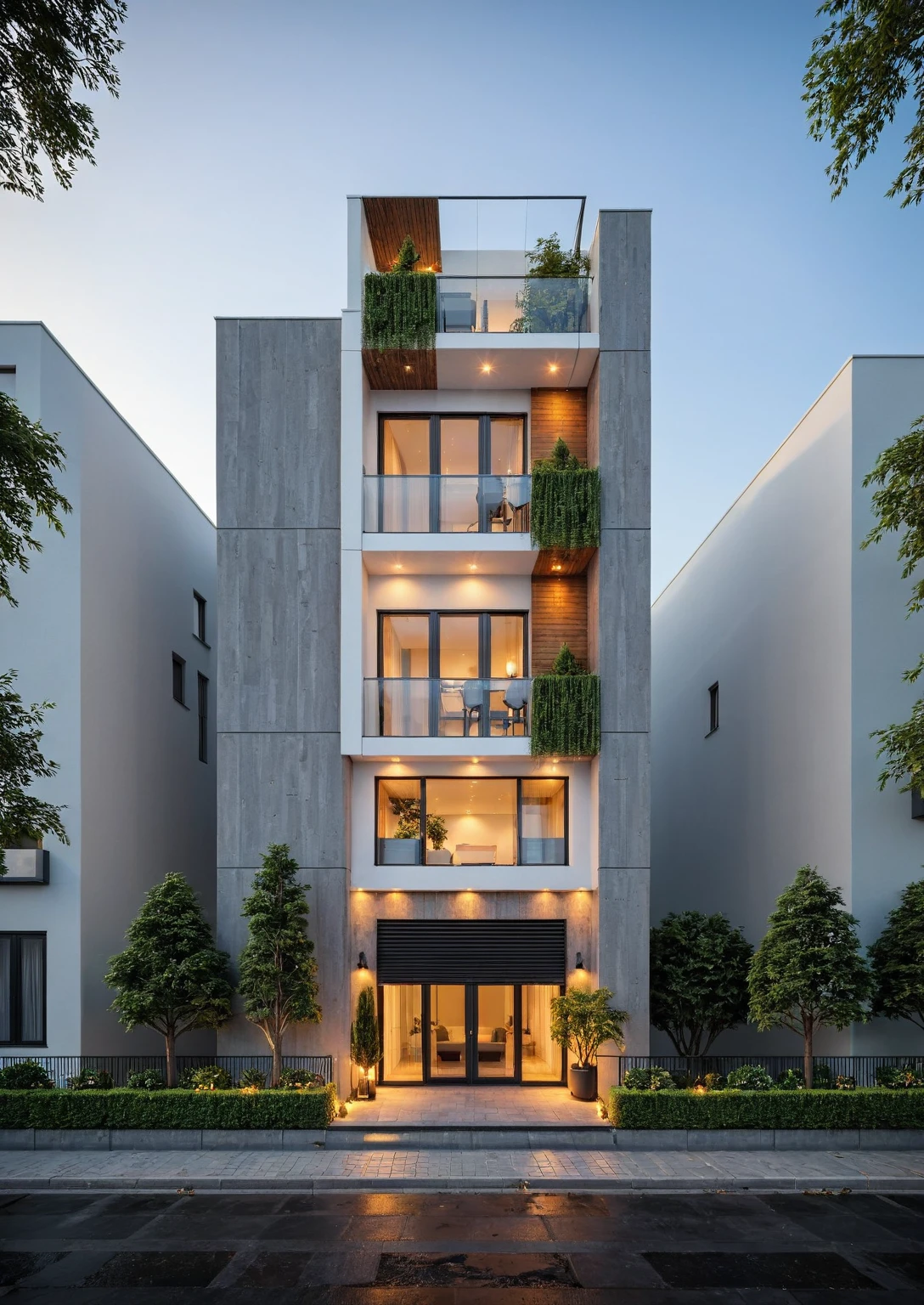 Grey mable in facade 1st floor, no roof, This image showcases a modern, narrow townhouse featuring a contemporary and minimalist design. Key aspects include:
- **Structure and Design:** 
  - Tall and slender to maximize space on a small plot.
  - Primarily white facade with gray or textured materials for a clean look.
  - Recessed balconies and strategic lighting add visual interest.

- **Greenery:** 
  - Each level includes planters and small balconies for plants, creating a vertical garden.
  - The rooftop features additional greenery and a wooden pergola for shade.

- **Entrance:** 
  - Simple ground floor entrance with dark-framed glass doors and textured gray material.

- **Windows and Balconies:** 
  - Windows with dark frames and privacy curtains; small balconies for plant display.

- **Surroundings:** 
  - Located in an urban setting with walls and other buildings visible, suggesting evening lighting.
Overall, the building embodies modern, environmentally conscious design with biophilic elements, well-suited for urban living while enhancing the living experience. The evening lighting accentuates its architectural features., Best Quality,Masterpiece, UHD, 4k, Stunning,Eye-catching,Sharp edge render, Award winner design in 2024, Photorealistic, High-Resolution, Detailed, Accurate, Vibrant, Dynamic Lighting, Textured, Perspective, Atmospheric, Contextual, Balanced Composition, Material Realism, Interactive, Immersive, Narrative, Minimalist