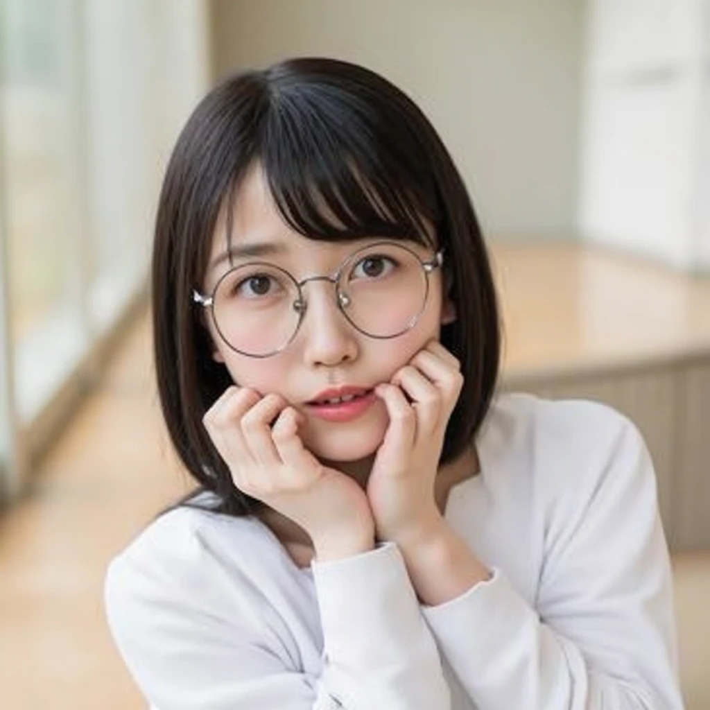 1girl, short bob hair, portrait, off-shoulder shirt, glasses