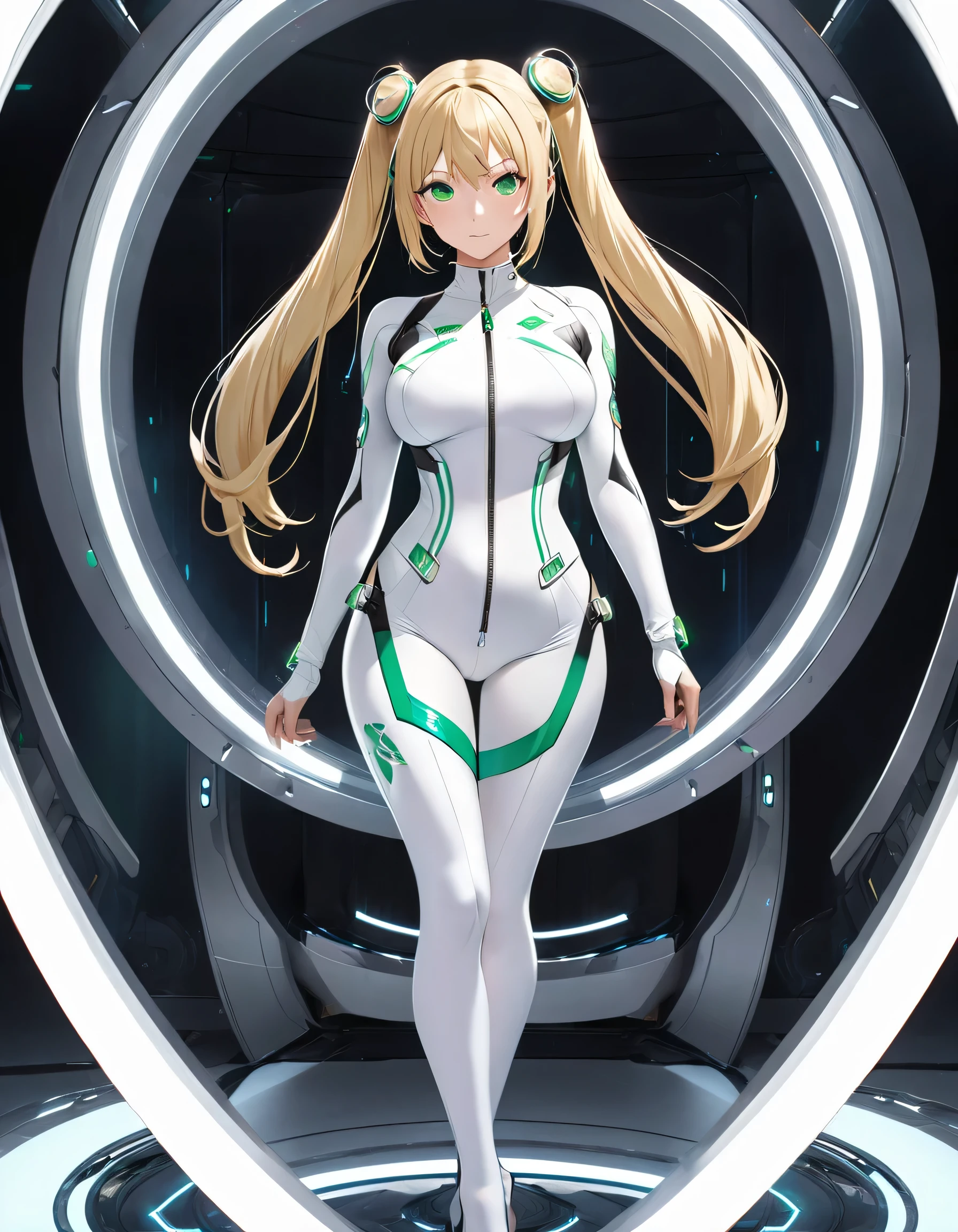 4K, masterpiece,  1 girl, blonde,  Twin Tails, beautiful, green eyes, Improve, Compensate, Big Breasts, ,  futuristic white super tight suit、 white stockings , clevis、Belly button、Full Front Zipper Opening 、 Storehouse、 full body portrait 、 sexy pose、Sexy standing pose