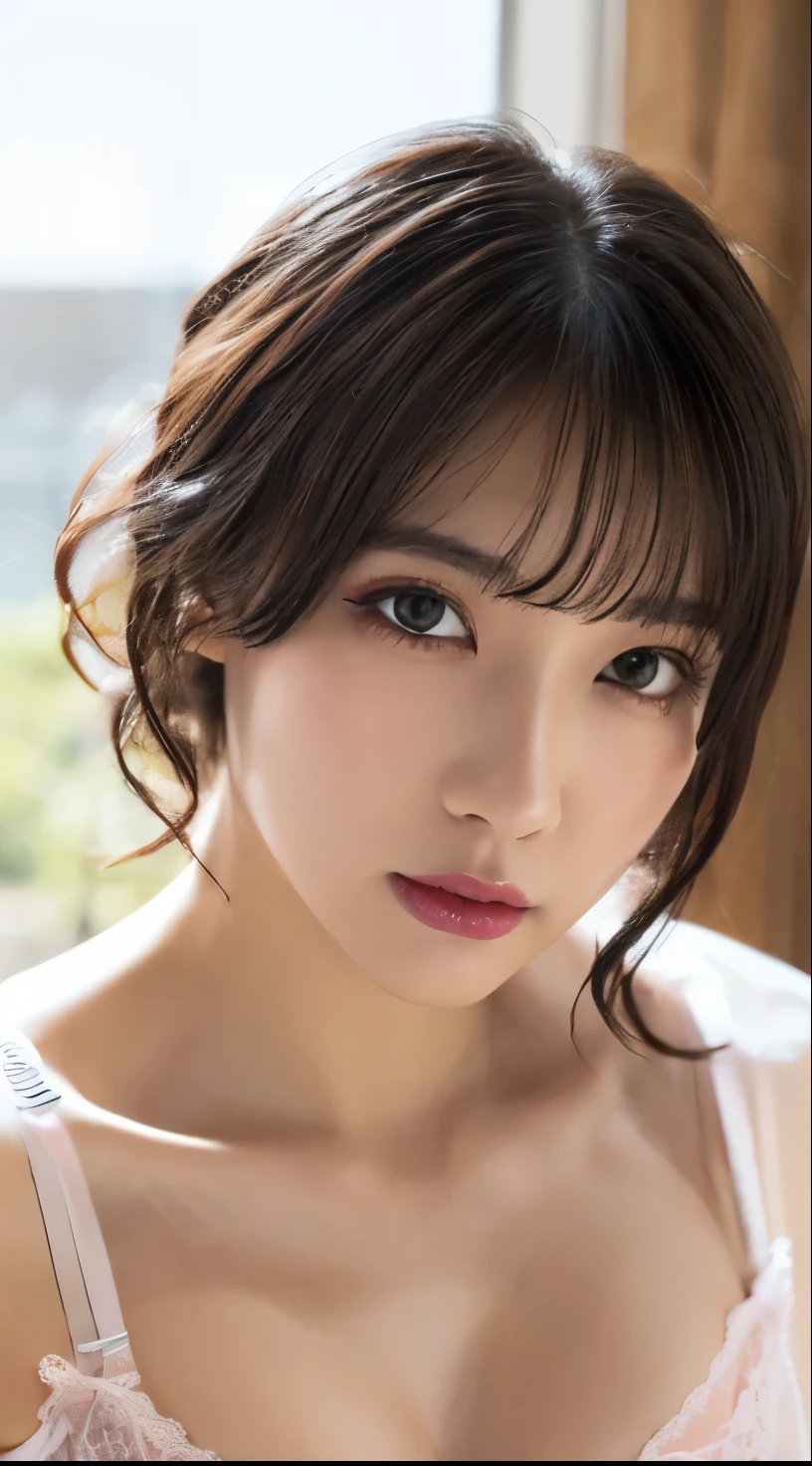 1 girl, ((Sheer lingerie:1.5))、(( fully transparent micro lingerie:1.7))、((Apply pink makeup:1.4))、(( pink eyeshadow :1.2))、 A very beautiful portrait of a Japanese idol,
( RAW photos from the last century, Best Quality), (Realistic, Realistic:1.4), (masterpiece),
very delicate and beautiful, very detailed, 2k wallpaper, wonderful, finely, very detailed CG Unity 8K 壁紙, very detailed, high resolution on down, Soft light,
girl with beautiful details , very detailed目と顔, Beautiful and sophisticated nose, big beautiful eyes , Movie Lighting,
( Upscaled Images :1.3),
(curly hair), ( split bangs), Light Gray Background、
COMPLETE ANATOMY , Slender body, very small breasts leaning against the woman's body, sensual expression