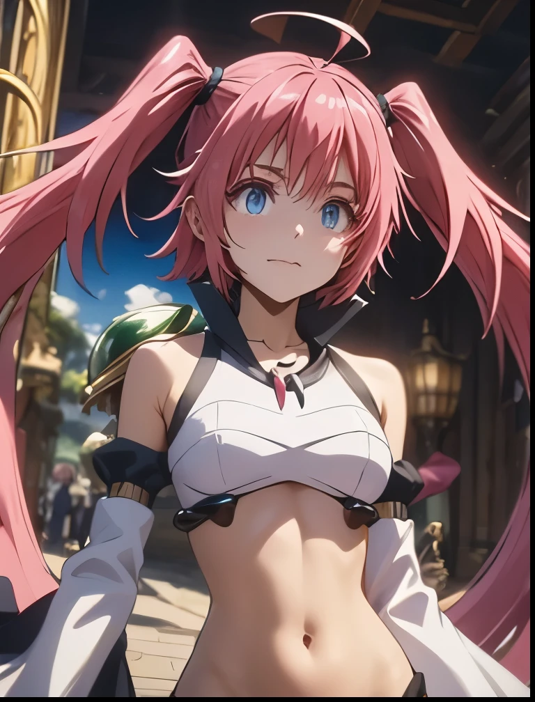 (((SFW、Precision、Highest quality、A first-class masterpiece、Normal body、8k、 Detailed Face 、Ultra-precision、 Normal hand、5refer to、Highest)))、-That Time I Got Reincarnated as a Slime-、Milim Nava、Pink hair、 Twin Tails、Nipple erection、Longan、 dynamic pose 、 dynamic punch