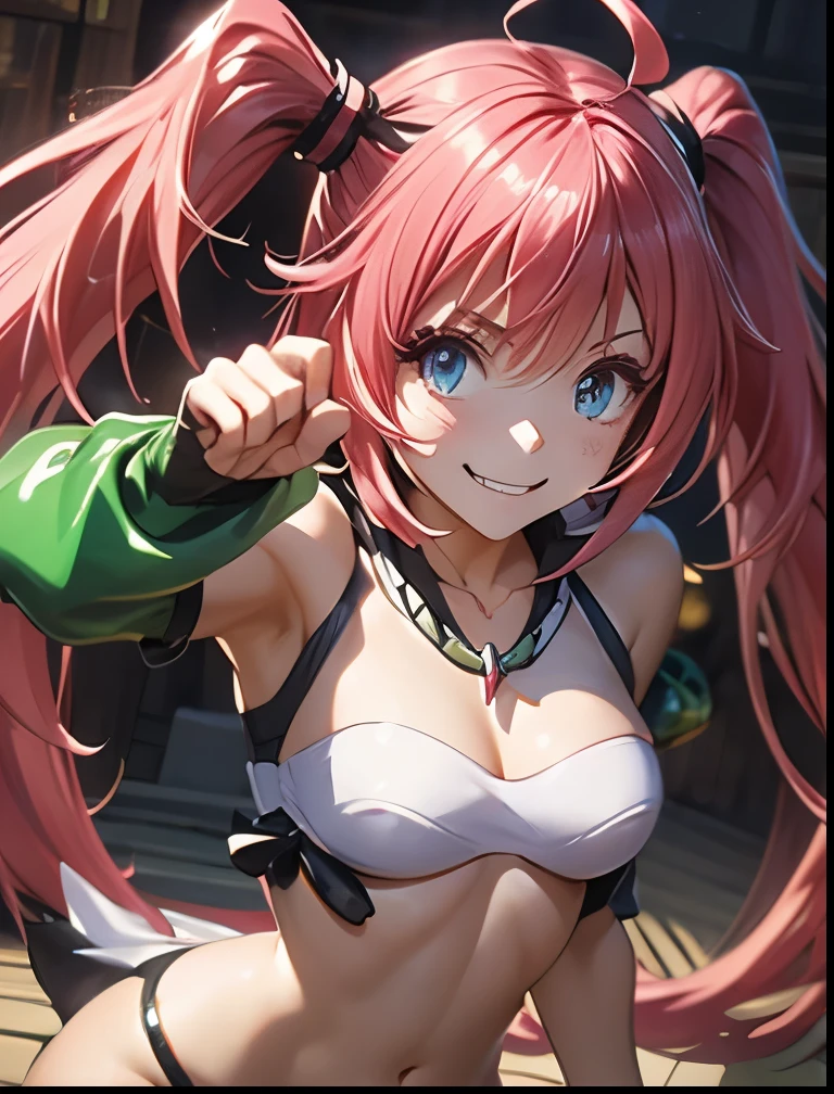 （（（ＳＦＷ、Precision、Highest quality、A first-class masterpiece、Normal body、8k、  Detailed Face 、Ultra-precision、 Normal hand、５refer to、Highest）））、-That Time I Got Reincarnated as a Slime-、Milim Nava、Pink hair、 Twin Tails、Nipple erection、 wicked smile、Longan、 dynamic pose 、 Fighting Pose、ダイナミックpunch、punch