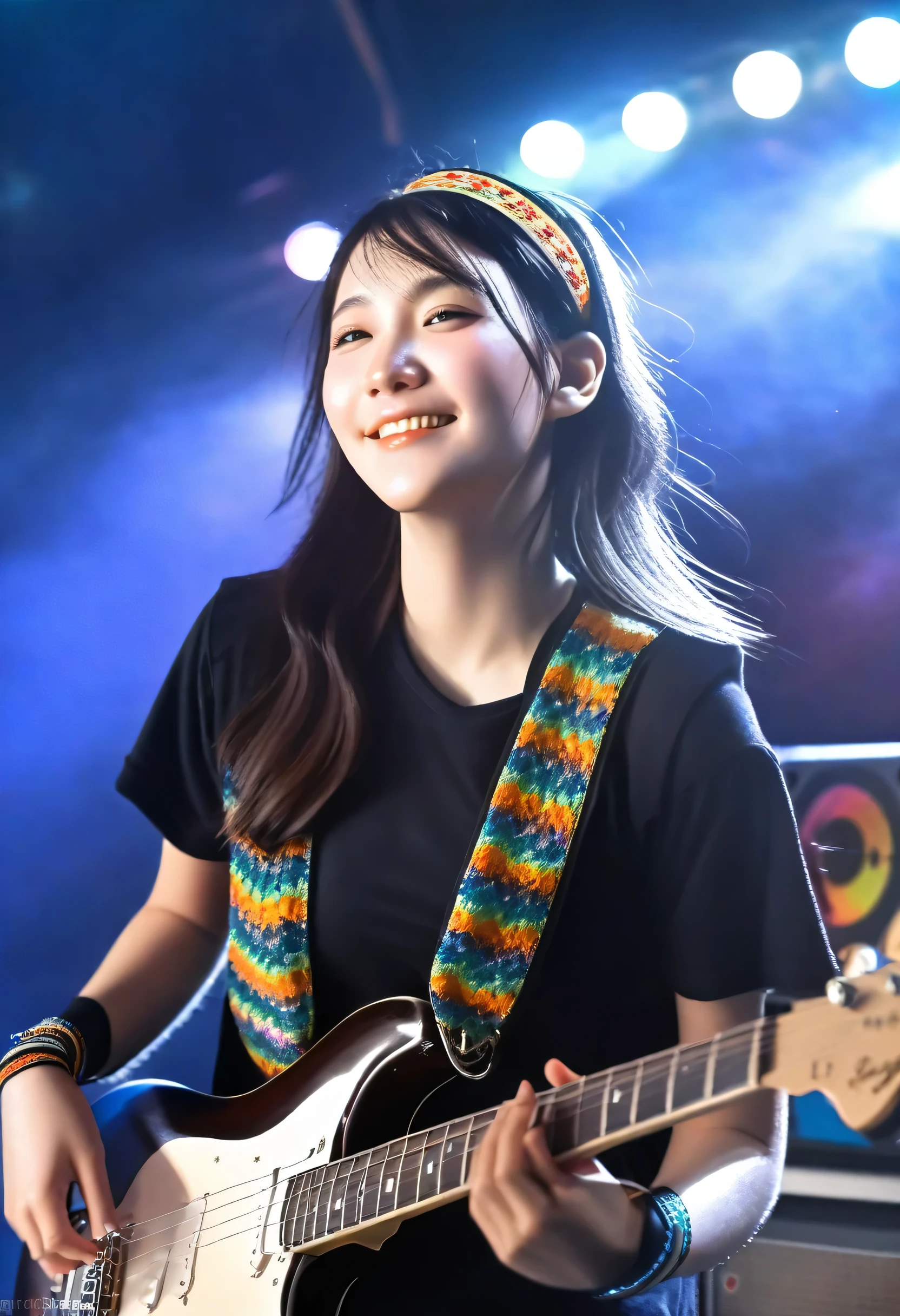 detailed reflecting eyes by professional digital painting, front lighting, 8k resolution, (girls' band:1.4), (dynamic angle), upper body, black guitar, amplifier, speaker, live stage, smile, Live festival, school, Shining Lighting,