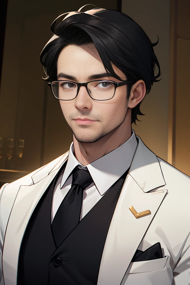 masterpiece, best quality, male, mature, dilf, black hair, glasses, luxurious, fit, no beard, beardless, no facial hair, white skin, black suit, business suit, CEO, luxurious, manly, grey eyes