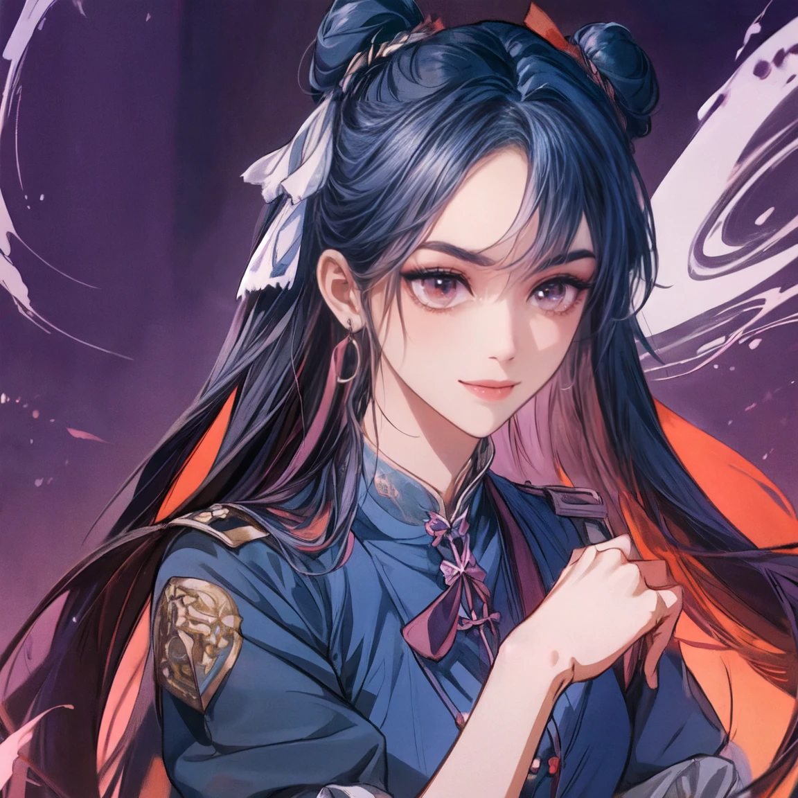  Masterpiece , best quality,  1 Xiao Wu ,  Face Color Looks Cool ,  Strong, Golden Left Eye , Red Right Eye , Long hair, Black hair,  Firm Eyes ,  Simple Uniform ,  Black Long Earrings ,  Chinese Morden Hybrid ,  Front Photo ,  simple background,  purple Background , Anime, illustration, Full body , bun hair 