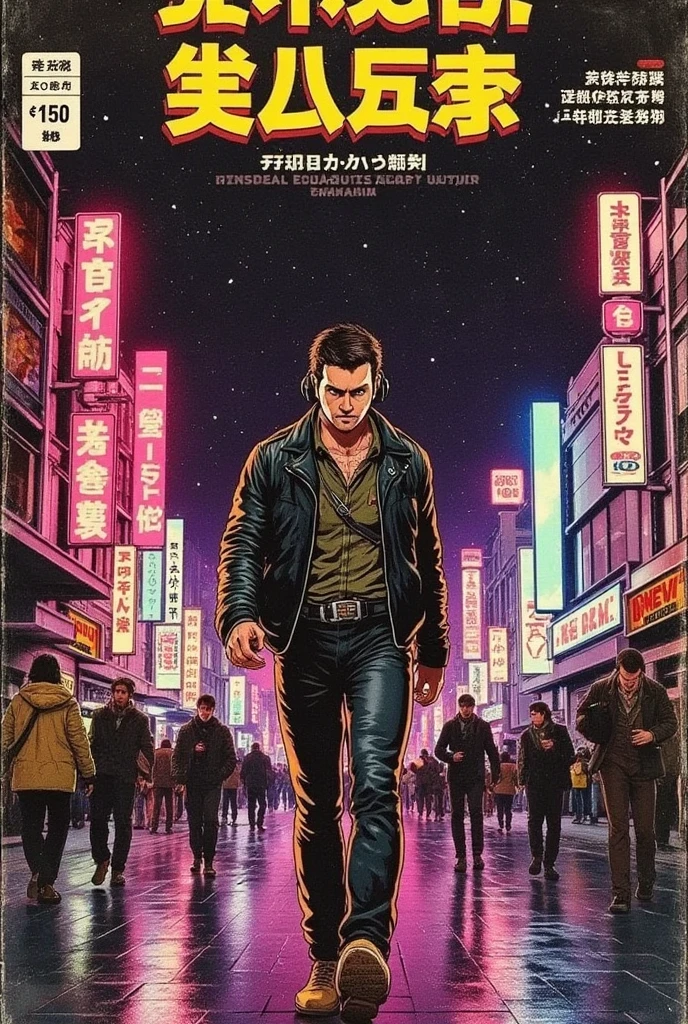 A vintage Japanese poster from the 1980s, set in a neon-lit futuristic city at night, featuring an anime character inspired by Akira Toriyama’s style. The character wears leather clothing and tech accessories, with a determined expression as he strides through a bustling street lined with towering buildings and glowing signs. Neon lights in vibrant pink, blue, and yellow reflect off the wet pavement, contrasting against the dark night sky. Title in Japanese appears boldly at the top in kanji and katakana, with additional Japanese slogans scattered throughout. The background has a slight grainy texture, capturing the 80s aesthetic, with a fictional price of “¥150” in the corner, embodying the retro poster design of the era.