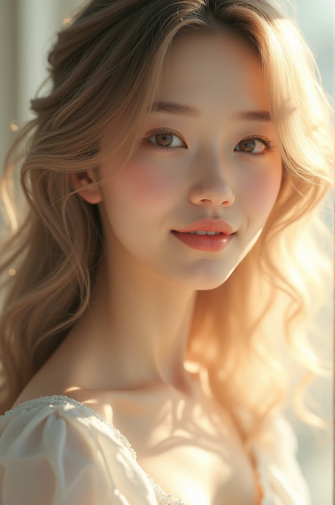 hite woman with flowing blonde hair and a semi-long hairstyle. She is topless, leaning forward, and completely naked. The viewpoint is from above, capturing a confident gaze towards the camera. Her facial expression is gentle and she wears a graceful smile. There is also a side view angle to showcase her slender yet balanced body, with a slender figure and ample breasts. The pose is reminiscent of a fashion model, exuding elegance and poise. Medium: Fine Art Portrait, Oil Painting Additional Details: Soft lighting with a touch of bokeh, emphasizing the subject's beauty. The artwork is created with remarkable attention to detail. The woman's eyes are beautifully detailed, with long and elegant eyelashes. Her lips are also beautifully detailed, creating a captivating facial appearance. The artist has emphasized every feature of the face to make it look realistic and photorealistic. Image Quality: (best quality, 4k, 8k, highres, masterpiece:1.2), ultra-detailed, (realistic, photorealistic, photo-realistic:1.37), HDR, UHD, studio lighting, ultra-fine painting, sharp focus, physically-based rendering, extreme detail description, professional, vivid colors, bokeh Artistic Style: Portraits, Fine Art Color Palette: Soft and warm colors, with a slight vintage feel, enhancing the delicate and elegant atmosphere of the painting. Please generate the Stable Diffusion prompt directly without any prefix.