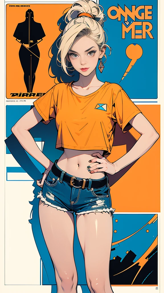 ((masterpiece, Highest quality)), 32K Wallpapers, Very detailed, Poster, Vintage science fiction, 1960s, (((geometric cinematic movie Poster))), (Bauhaus), shape, Abstract, Midcentury Modern, movie Poster, Vintage, Perfect Lady,1970s, Halftone, Speech bubble, (((portfolio,close))), Mature girl with tall straight blonde posture, long hair, (tan skin:2), medium neck, (((wears a plain tight camouflage pattern short Sleeve u-neck t-shirt))), she expose full her midriff, she wears jeans shorts, she wears black small boots, she wears a large white belt with a red heart-shaped buckle, she expose her navel, beautiful midriff, beautiful thigh, long and slim thigh, The pose appears to be facing forward with both hands on her hips, full body