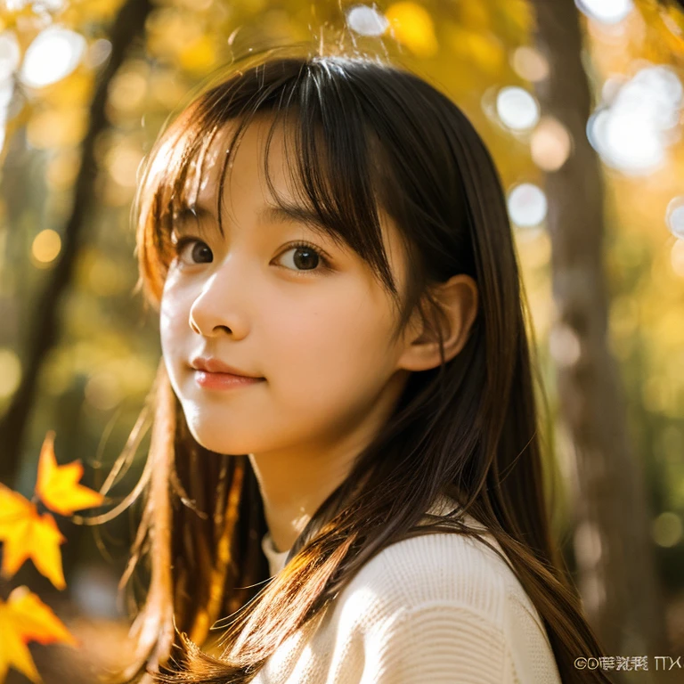 cute girl face autumn sunlight filtering through the trees