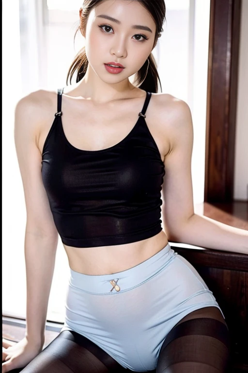 (((whole body)))、{{{From below}}}((masterpiece, Highest quality)),{{{Spread your legs。Please put your feet up}}}、{belly button}、Low length、Flat Chest、、Best aesthetics,One Girl, alone, Long Hair,、Swimsuit with blue stripes、ribbon, Black Hair, Rose, hair ribbon, Green Eyes, Short sleeve, white Rose, smile, black ribbon, (((whole body)))、null、cloud、sunlight、Front lighting