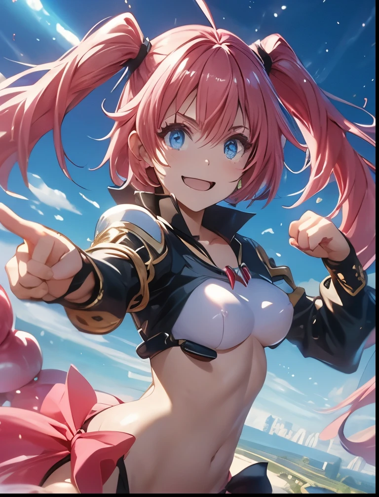 （（（ＳＦＷ、Precision、Highest quality、A first-class masterpiece、Normal body、8k、  Detailed Face 、Ultra-precision、 Normal hand、５refer to、Highest）））、-That Time I Got Reincarnated as a Slime-、Milim Nava、Pink hair、 Twin Tails、See-through costume、See-through nipples、Nipple erection、 wicked smile、Longan、 dynamic pose 、 FIGHTING POSE、DYNAMIC PANTS 、punch、wahahaha 