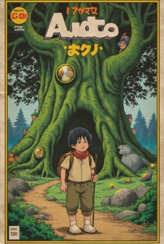 A vintage Japanese poster from the 1980s, featuring a whimsical fantasy world reminiscent of Studio Ghibli’s films. The scene shows a lush, enchanted forest with towering, ancient trees covered in moss, magical creatures peeking out from the shadows, and small glowing spirits floating through the air. In the foreground, a young character dressed in simple, earthy attire gazes up in awe, carrying a satchel and staff. Japanese title appears at the top in stylized kanji and hiragana, with additional Japanese text scattered subtly around the edges. A serene, muted color palette of greens, blues, and soft yellows fills the scene, capturing the tranquil yet mystical atmosphere. The background has a grainy, vintage finish, and a price of "¥200" sits discreetly in the bottom corner, evoking the nostalgic design of 80s Japanese posters.