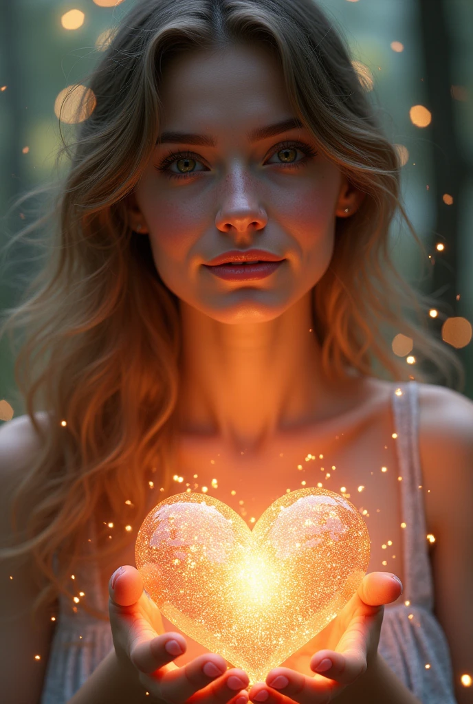 Beautiful Young Woman covered with tree branches , bright orange white glowing heart visible from human, Night time , colorful, photography hyperdetailed cinematic lighting hdr, softbox lighting, extreme detail  