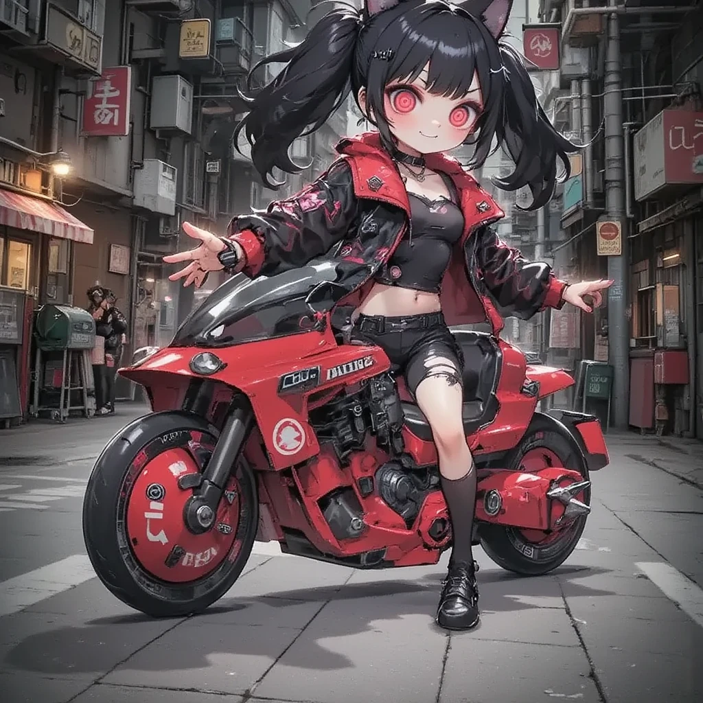 1girl,Sitting,Akira Bike,Lean back,Put your foot forward,Thick eyebrows,Black goth punk fashion,Teenage Girl,Long Hair,Cat ears and tail,Large scooter,Very low seat,Low vehicle height,One step ahead,Akira Bike,high resolution,masterpiece,high quality, 
(Photorealsitic:1.4),Raw photo,(super realistic details),portlate,Shadow,Beautiful Skin,detailed face and eyes,Glossy lips,female curvy beauty,Striking contrast,8K,ultrasharp,Akira Bike Red,cycling,,neon Cyberpunk Cities,moon night