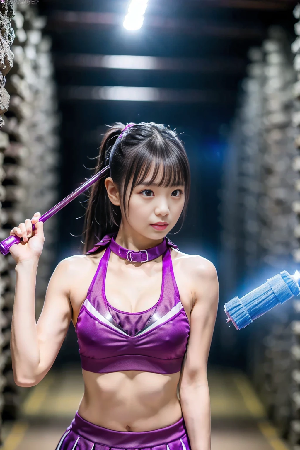 (4k, high quality, high quality, masterpiece), (brightness adjustment), (realistic), ((standing in underground fortress)), ((look at me)), 1 woman, Asian beauty, Japanese woman, (dark hair, slender figure, petite ), ((collar around neck, magenta cheerleader outfit, sports bra, pleated miniskirt)), cheerleader brainwashed by evil organization, (holding water pistol)