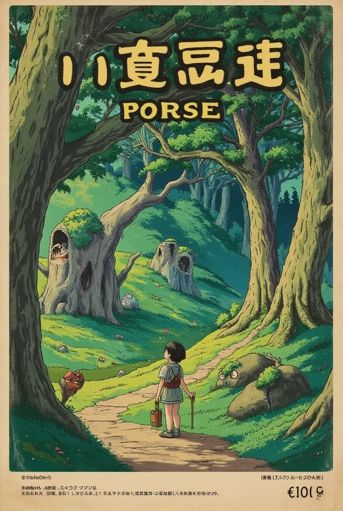 A vintage Japanese poster from the 1980s, featuring a whimsical fantasy world reminiscent of Studio Ghibli’s films. The scene shows a lush, enchanted forest with towering, ancient trees covered in moss, magical creatures peeking out from the shadows, and small glowing spirits floating through the air. In the foreground, a young character dressed in simple, earthy attire gazes up in awe, carrying a satchel and staff. Japanese title appears at the top in stylized kanji and hiragana, with additional Japanese text scattered subtly around the edges. A serene, muted color palette of greens, blues, and soft yellows fills the scene, capturing the tranquil yet mystical atmosphere. The background has a grainy, vintage finish, and a price of "¥200" sits discreetly in the bottom corner, evoking the nostalgic design of 80s Japanese posters.