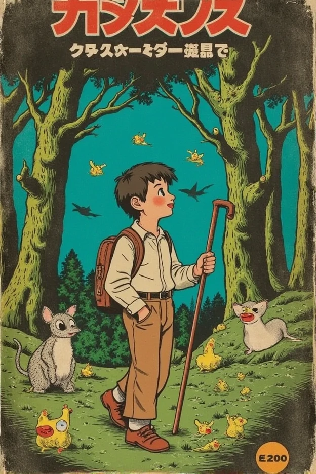 A vintage Japanese poster from the 1980s, featuring a whimsical fantasy world reminiscent of Studio Ghibli’s films. The scene shows a lush, enchanted forest with towering, ancient trees covered in moss, magical creatures peeking out from the shadows, and small glowing spirits floating through the air. In the foreground, a young character dressed in simple, earthy attire gazes up in awe, carrying a satchel and staff. Japanese title appears at the top in stylized kanji and hiragana, with additional Japanese text scattered subtly around the edges. A serene, muted color palette of greens, blues, and soft yellows fills the scene, capturing the tranquil yet mystical atmosphere. The background has a grainy, vintage finish, and a price of "¥200" sits discreetly in the bottom corner, evoking the nostalgic design of 80s Japanese posters.