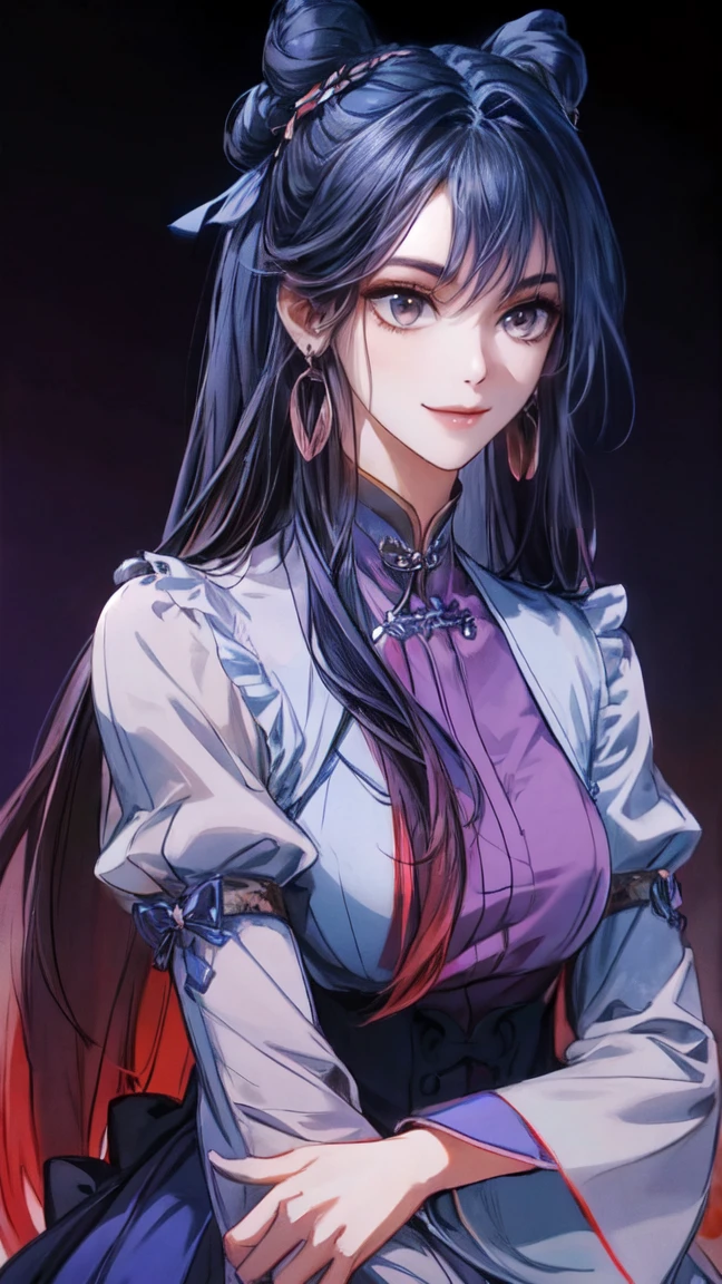  Masterpiece , best quality,  1 Xiao Wu ,  Face Color Looks Cool ,  Strong, Golden Left Eye , Red Right Eye , Long hair, Black hair,  Firm Eyes ,  Simple Uniform ,  Black Long Earrings ,  Chinese Morden Hybrid ,  Front Photo ,  simple background,  purple Background , Anime, illustration, Full body , bun hair , w