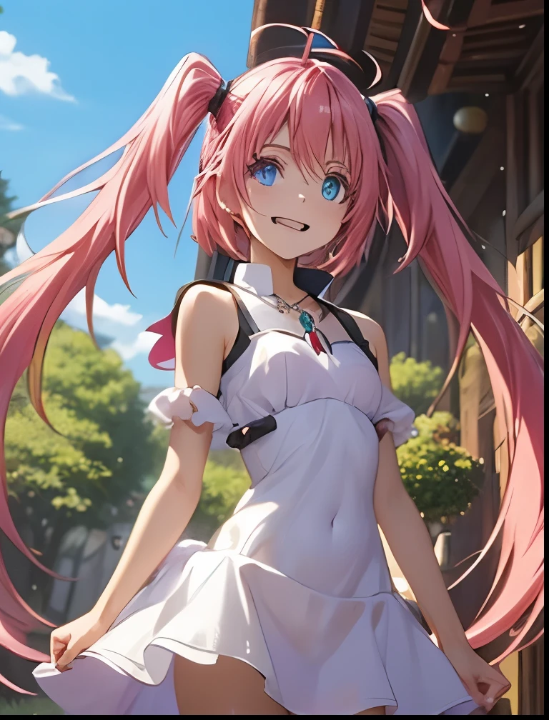 （（（ＳＦＷ、Precision、Highest quality、A first-class masterpiece、Normal body、8k、  Detailed Face 、Ultra-precision、 Normal hand、５refer to、Highest）））、-That Time I Got Reincarnated as a Slime-、Milim Nava、Pink hair、 Twin Tails、Nipple erection、Sheer white dress、An innocent smile、wahahaha 