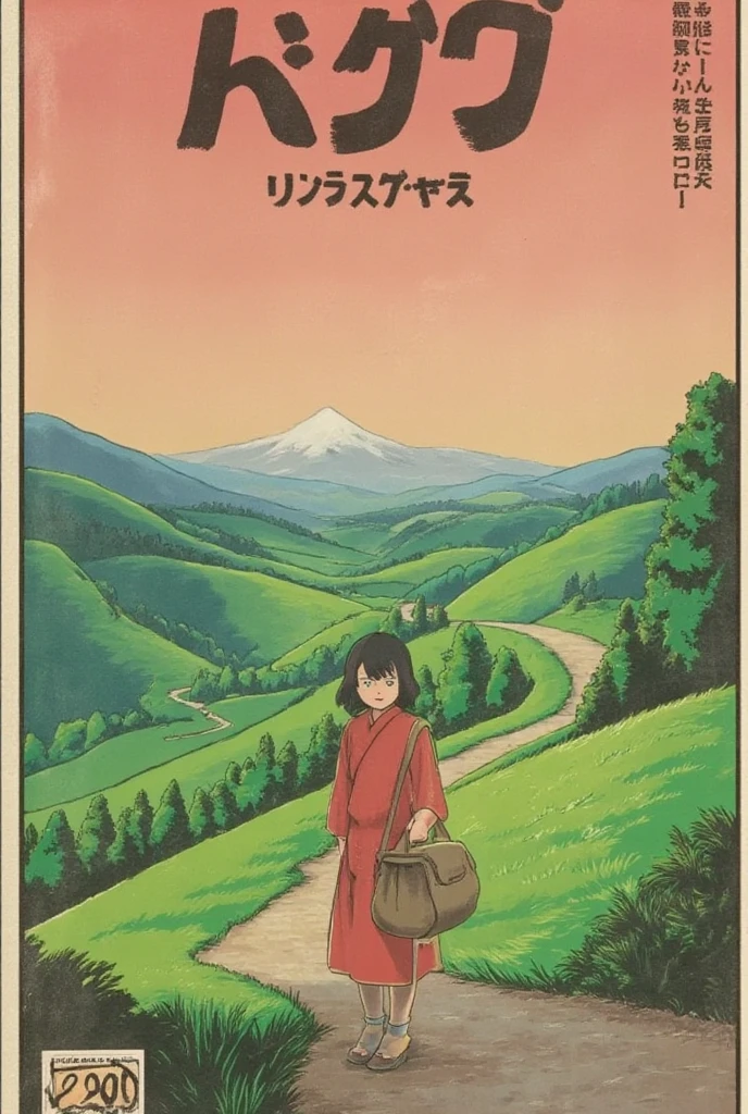 A vintage Japanese poster from the 1980s, centered on a lone character in a fantastical landscape inspired by Studio Ghibli’s worlds. The character, dressed in a flowing, traditional robe with a simple satchel at their side, stands on a quiet hill under a vast, open sky painted in soft pastel hues of pink and orange, hinting at sunrise or sunset. In the background, a winding path leads through rolling green hills toward a distant, misty mountain range. **Title in Japanese** appears in stylized kanji at the top, with additional subtle Japanese text in the corners to add authenticity. The scene has a calm, reflective atmosphere, with a slight film grain texture to evoke the vintage aesthetic of the era. A small "¥200" price mark rests in the bottom corner, completing the nostalgic 80s poster design.