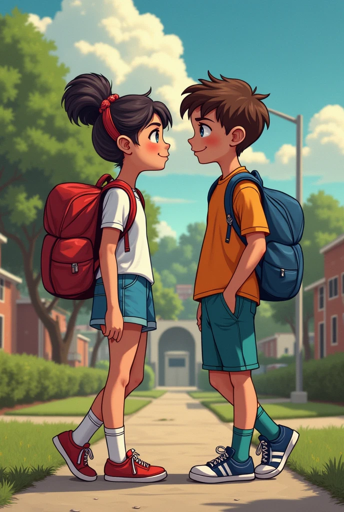 Marvel style , a girl with short black hair, white smiling with a tall white school boy