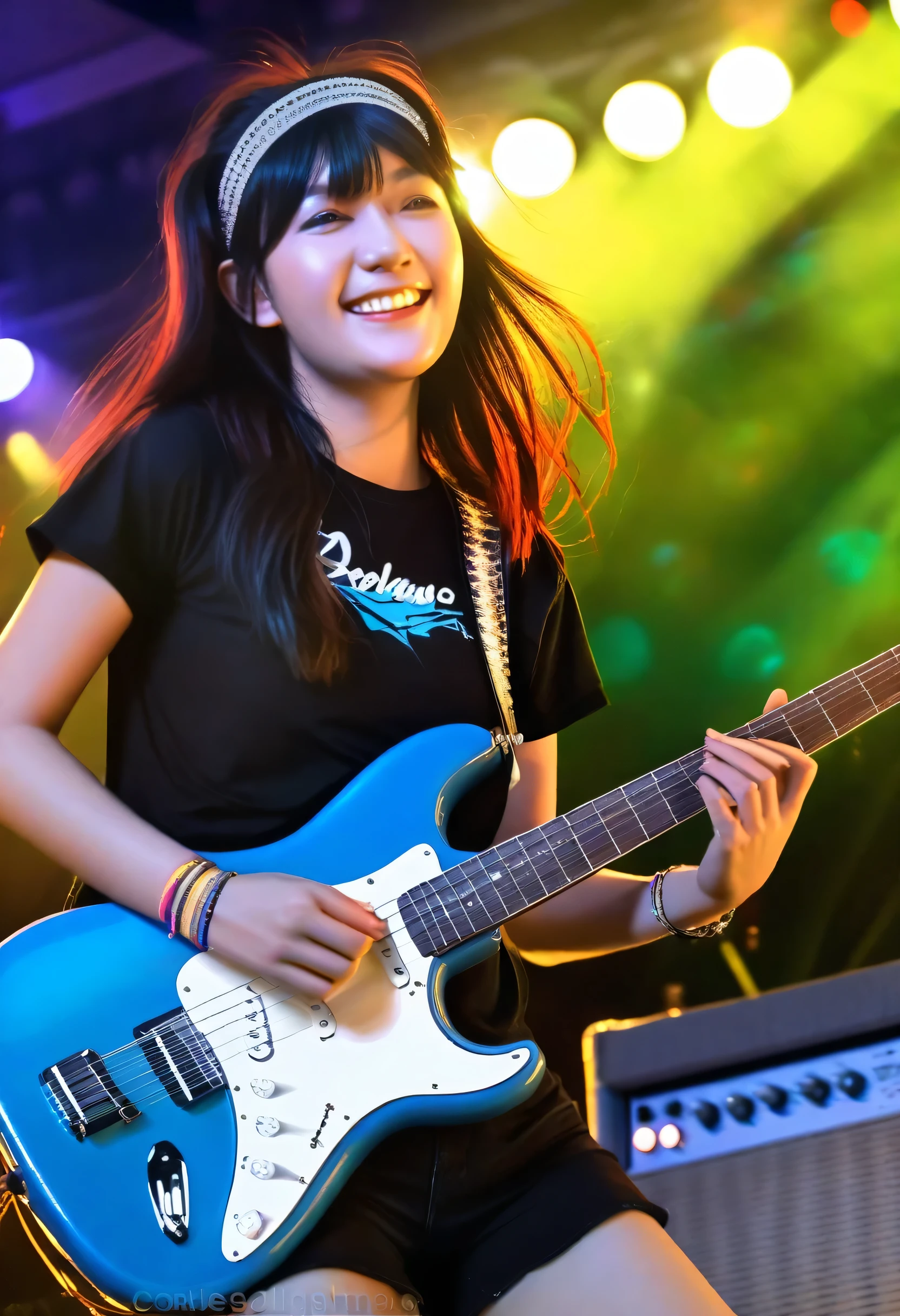 detailed reflecting eyes by professional digital painting, front lighting, 8k resolution, (girls' band:1.4), (dynamic angle), upper body, black guitar, amplifier, speaker, live stage, smile, Live festival, school, Shining Lighting,