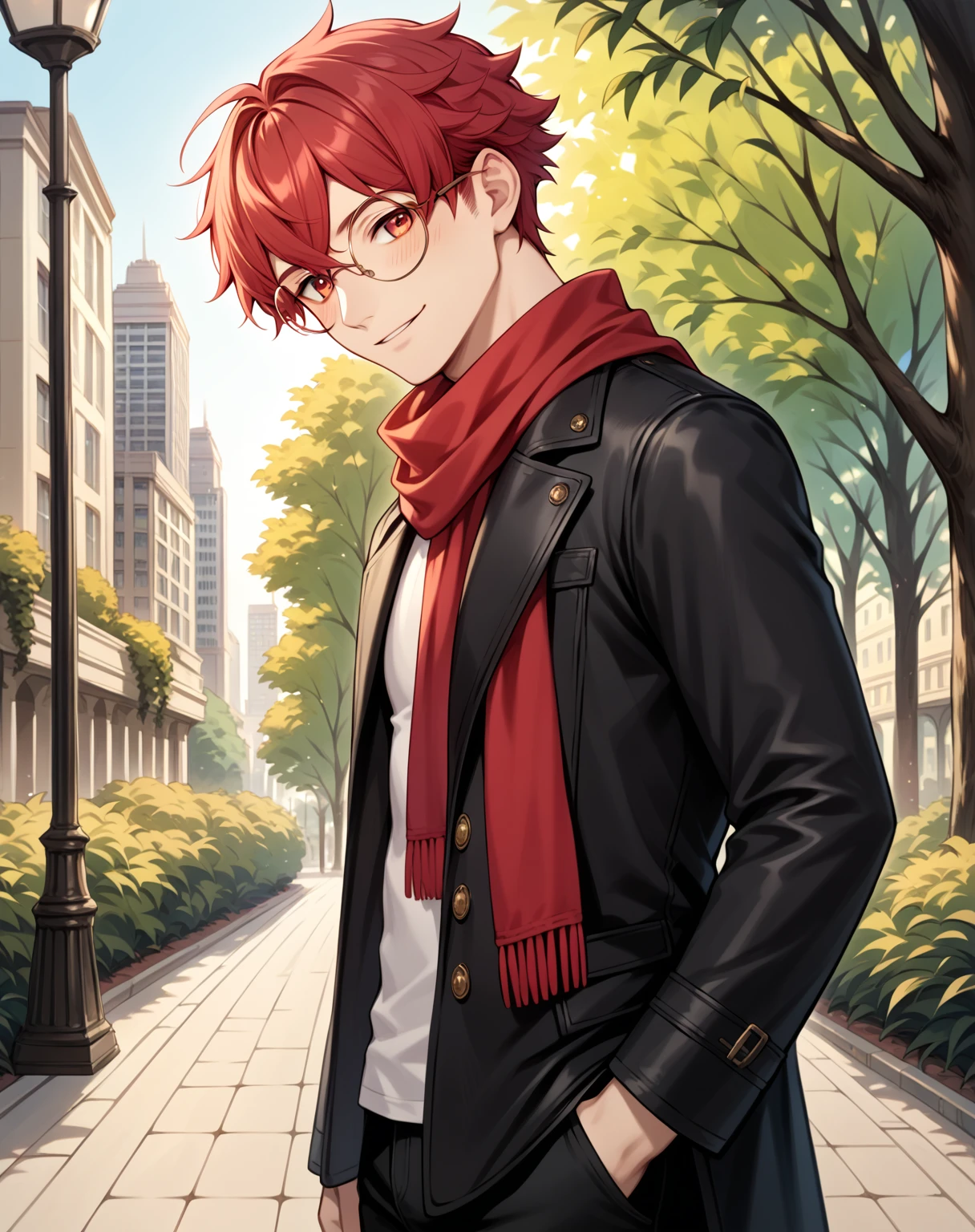 core_9,score_8_up,score_7_up,),score_9,score_8_up,score_7_up, {{anime, from side, cowboy shot, source_anime, outdoors, city, park, colorful, vibrant, looking at viewer, solo, standing}} male, cute, crimson hair, short hair, crossed bangs, round eyewear, black pants, black coat, red scarf, blush, gentle smile, head tilt, leaning forwards.
