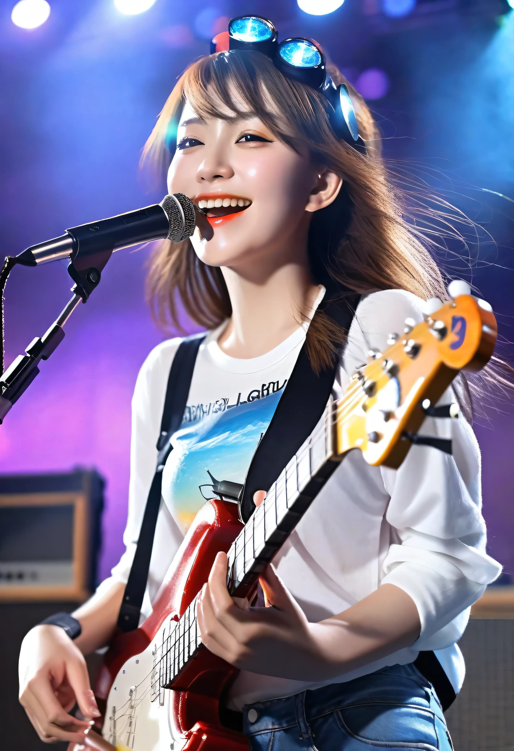detailed reflecting eyes by professional digital painting, front lighting, 8k resolution, (girls' band:1.4), (dynamic angle), upper body, black guitar, amplifier, speaker, live stage, smile, Live festival, school, Shining Lighting,